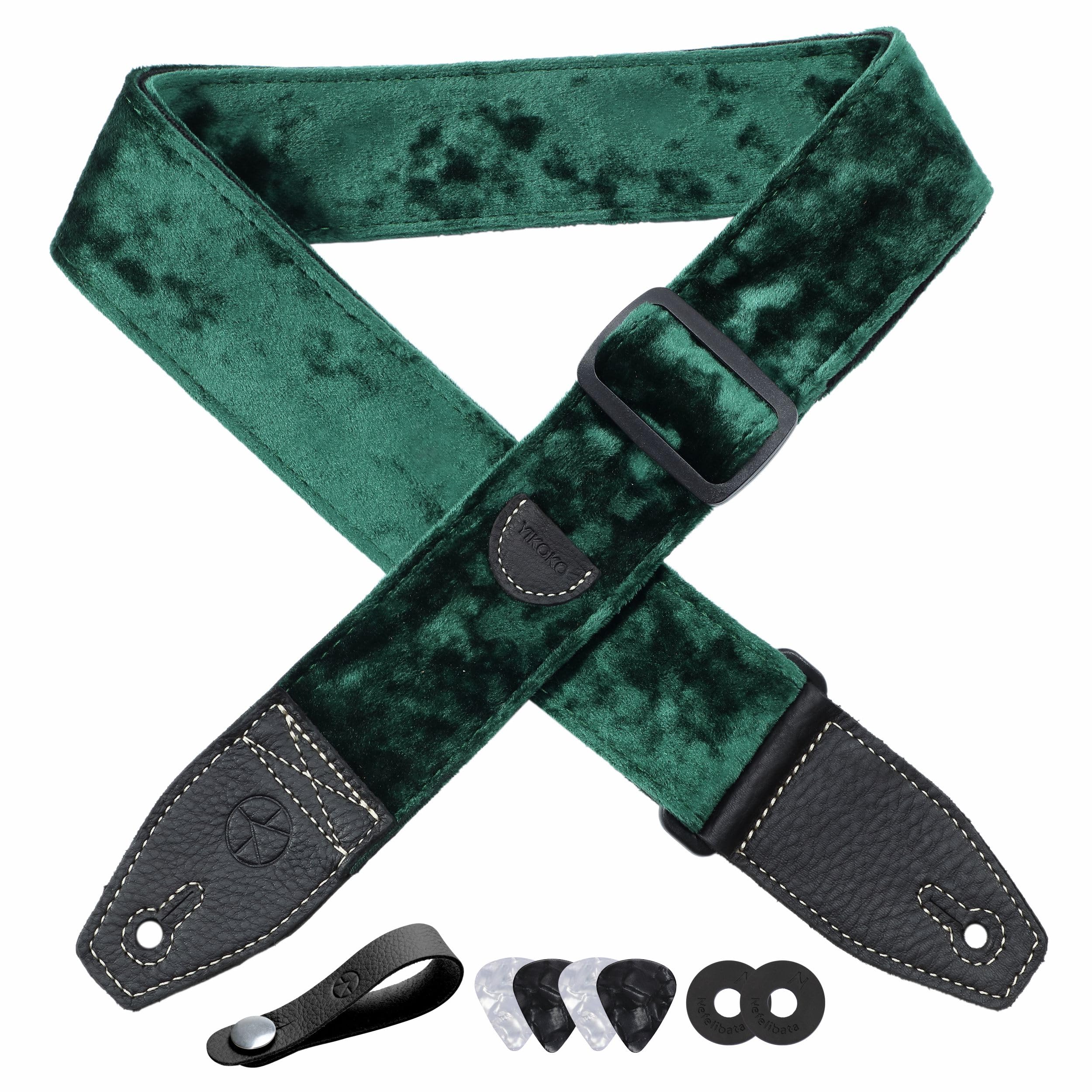 Yikoko Guitar Strap 2 Inch Velvet Guitar Straps With Full Grain Leather End, For Bass Electric And Acoustic Guitars, Free Strap