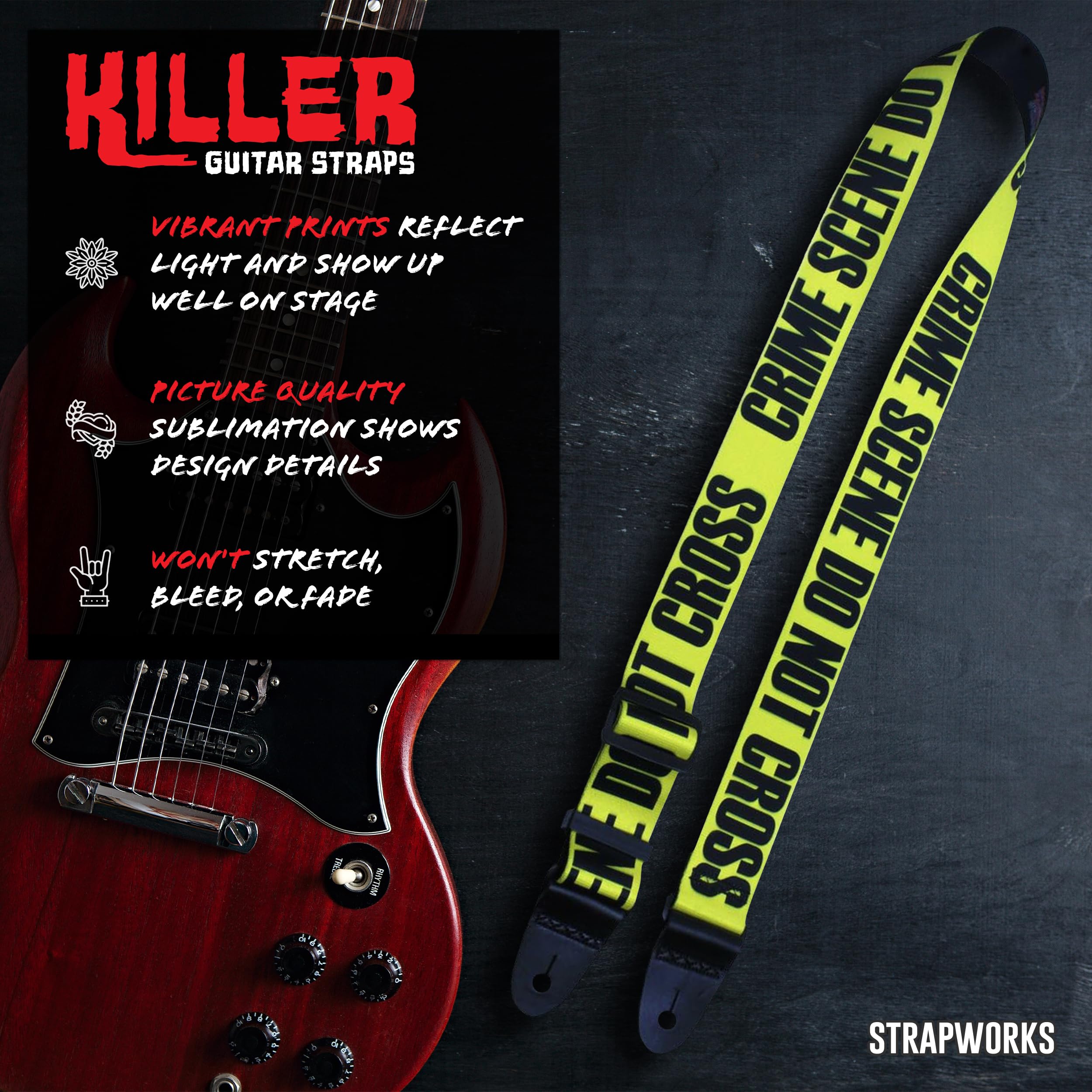 Killer-Q Guitar Strap - Stylish Straps for Electric and Acoustic Guitars With Leather Tabs, 2 Inches x 5 Feet, Crime Scene