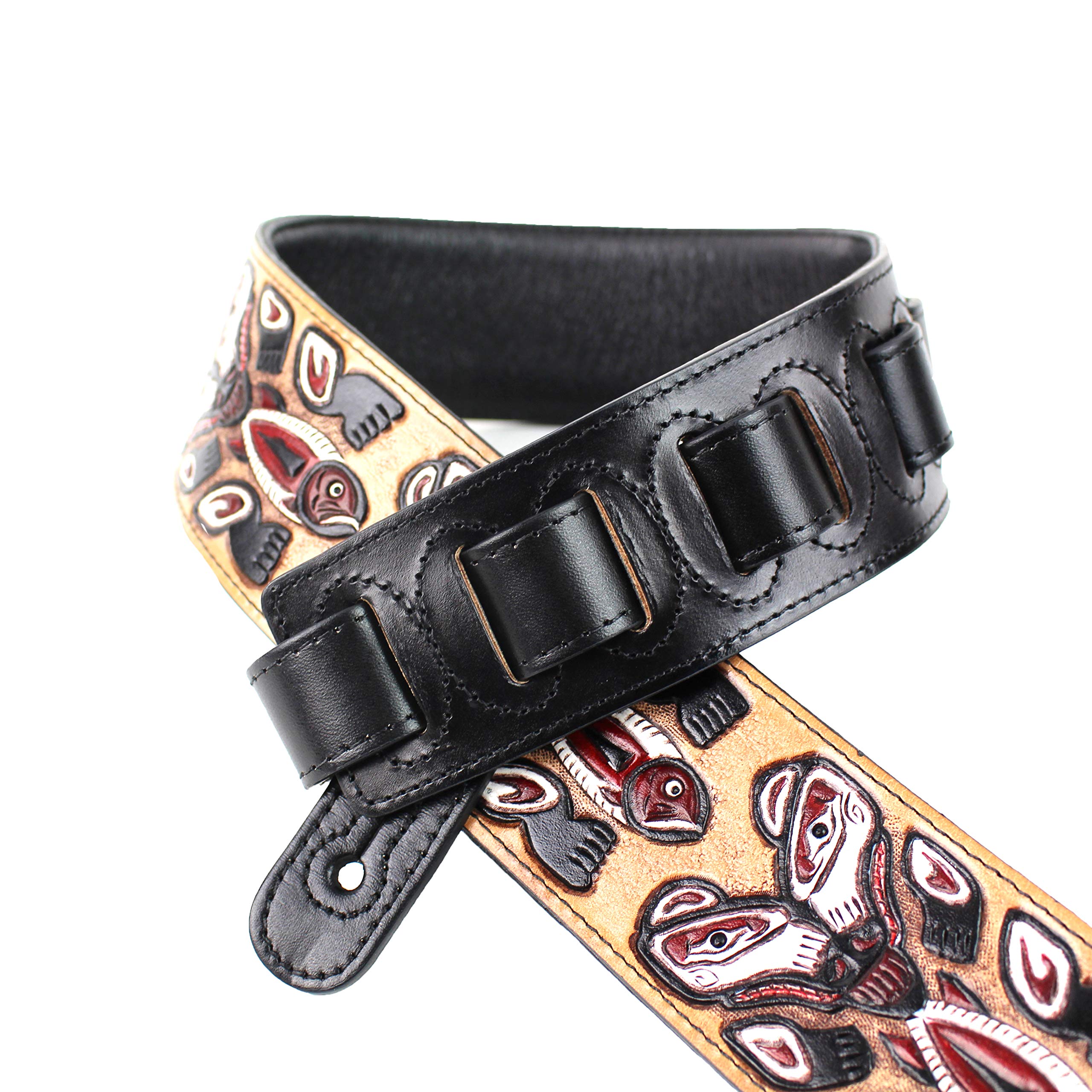 Walker And Williams LHR-23 Handmade Black Premium Carved Leather Guitar Strap With Bear Totem Carving For Acoustic, Electric, An