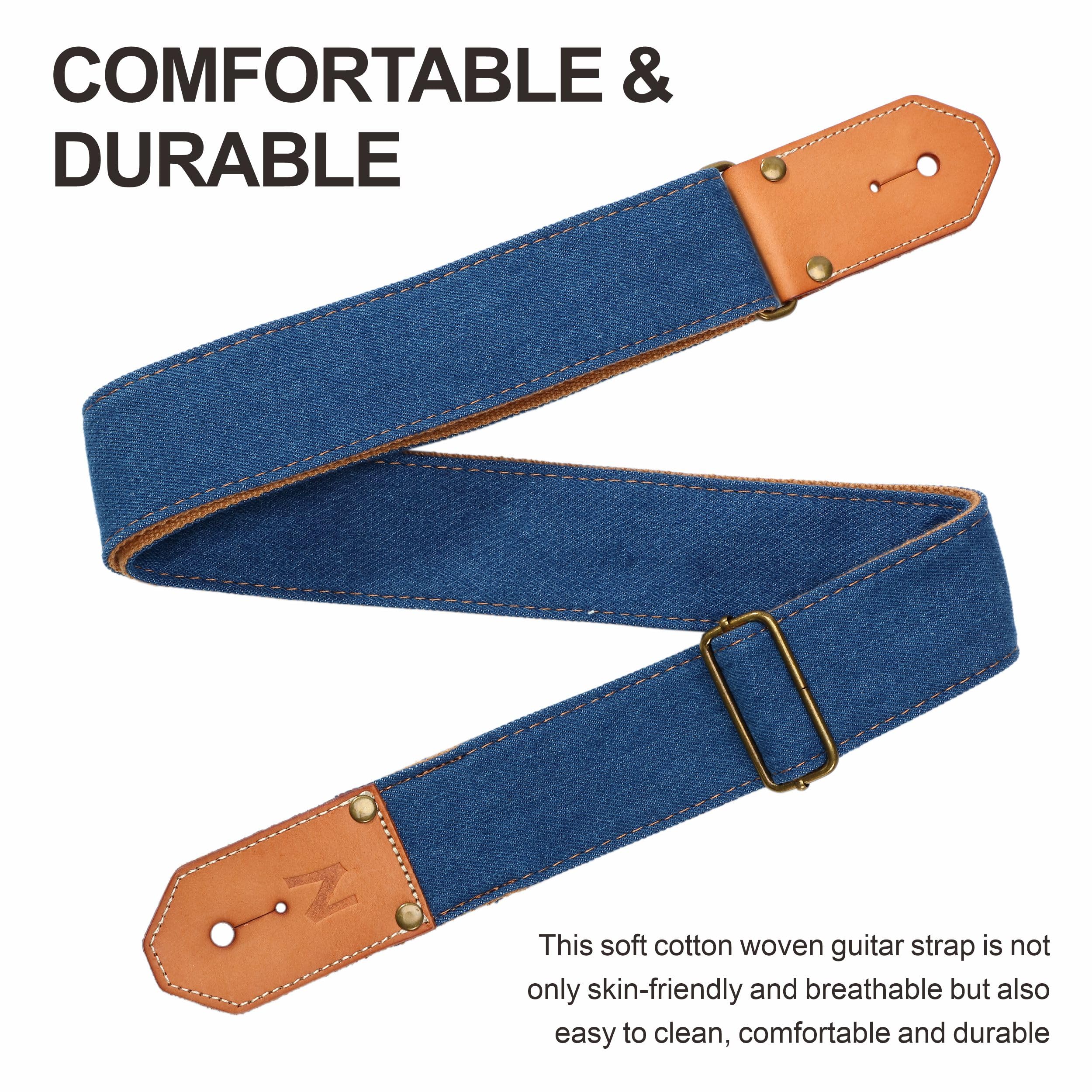 Nefelibata Guitar Strap, Blue Denim Western Guitar Straps with Thicked First Layer Vegetable Tanned Cowhide Leather Ends for Aco