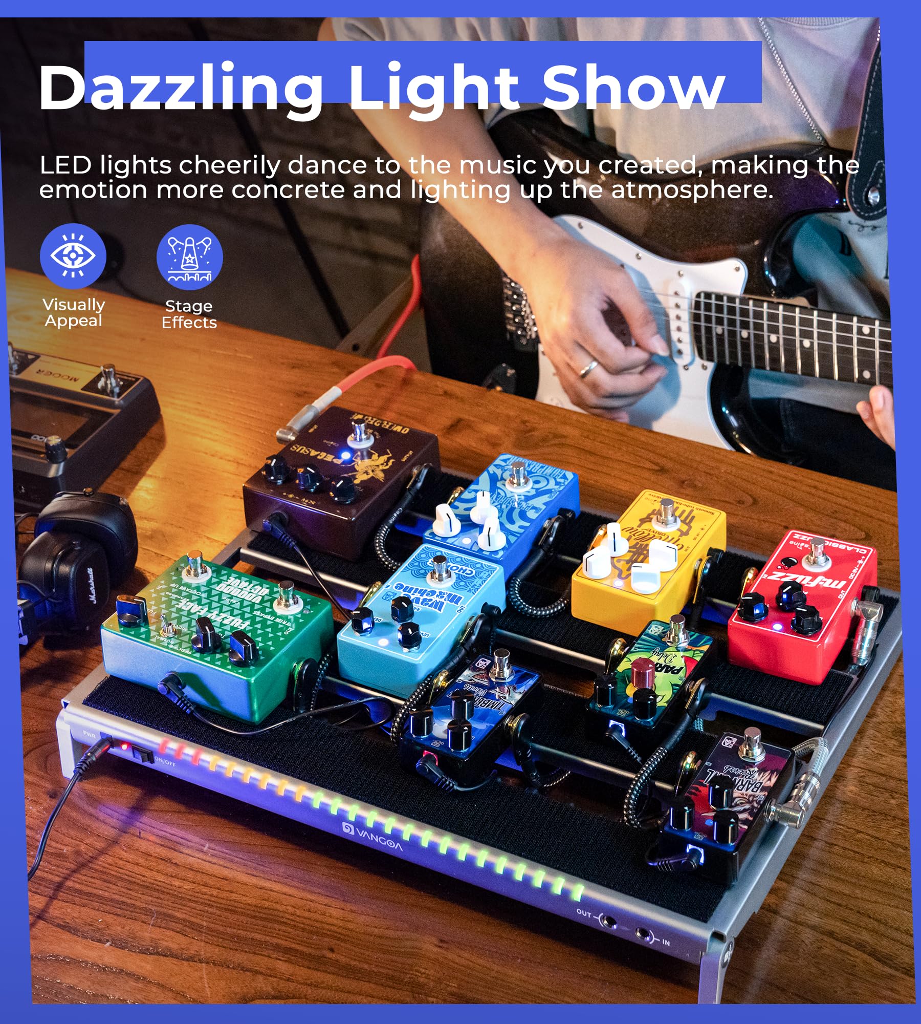 Vangoa Guitar Pedal Board with Isolated Power Supply, PD-M Aluminum One-Piece-Bent Portable Folding Powered Guitar Pedalboard wi