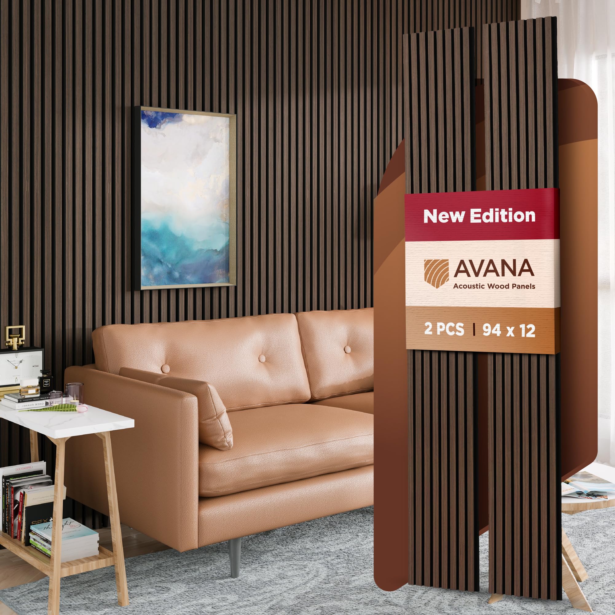 Avana Acoustic Wood Wall Panels - 94.4 X 12.6 Inch Dark Walnut Acoustic Panels 2 Pcs - Wall Panels For Interior Wall Decor For H