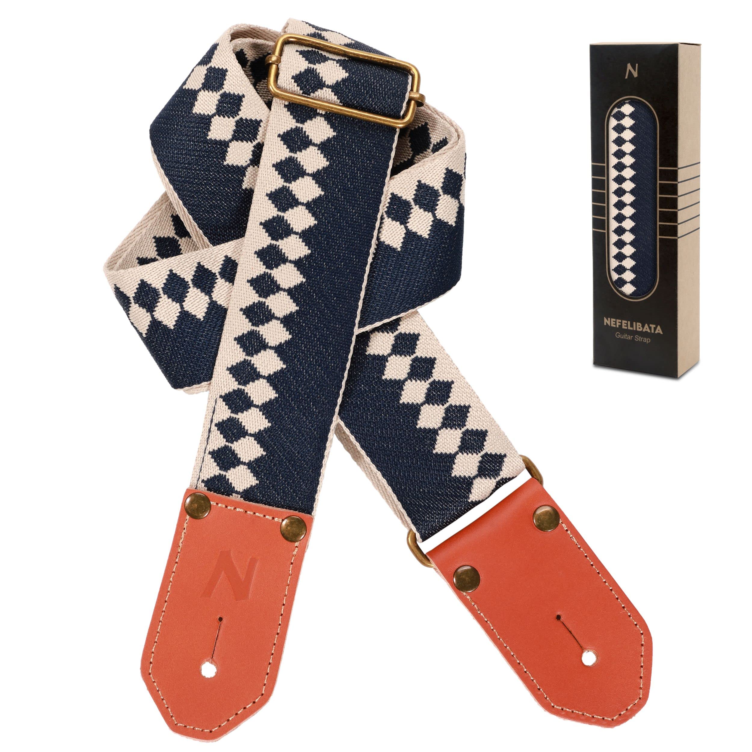 Nefelibata Cool Woven Guitar Strap - Cotton Guitar Straps With Thicked First Layer Vegetable Tanned Cowhide Leather Ends For Aco