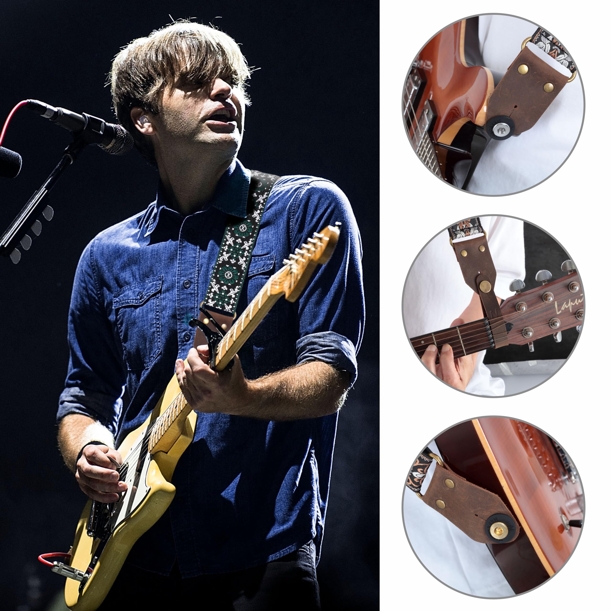 Nefelibata Guitar Strap,Jacquard Embroidery Cotton Guitar Straps with Crazy Horse Leather Ends for Bass, Electric & Acoustic, Be