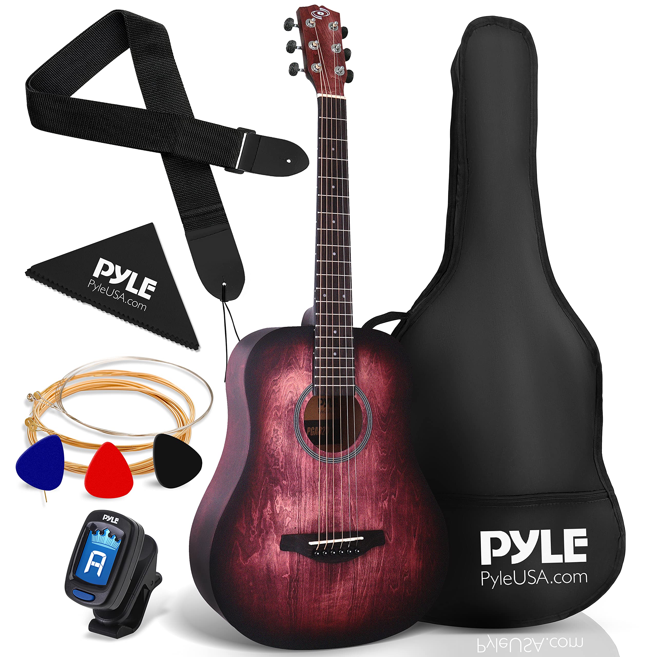 Pyle Acoustic Guitar Kit, 1/2 Junior Size All Wood Steel String Instrument for Beginner Kids, Adults, 34 Crimson Burst Matte