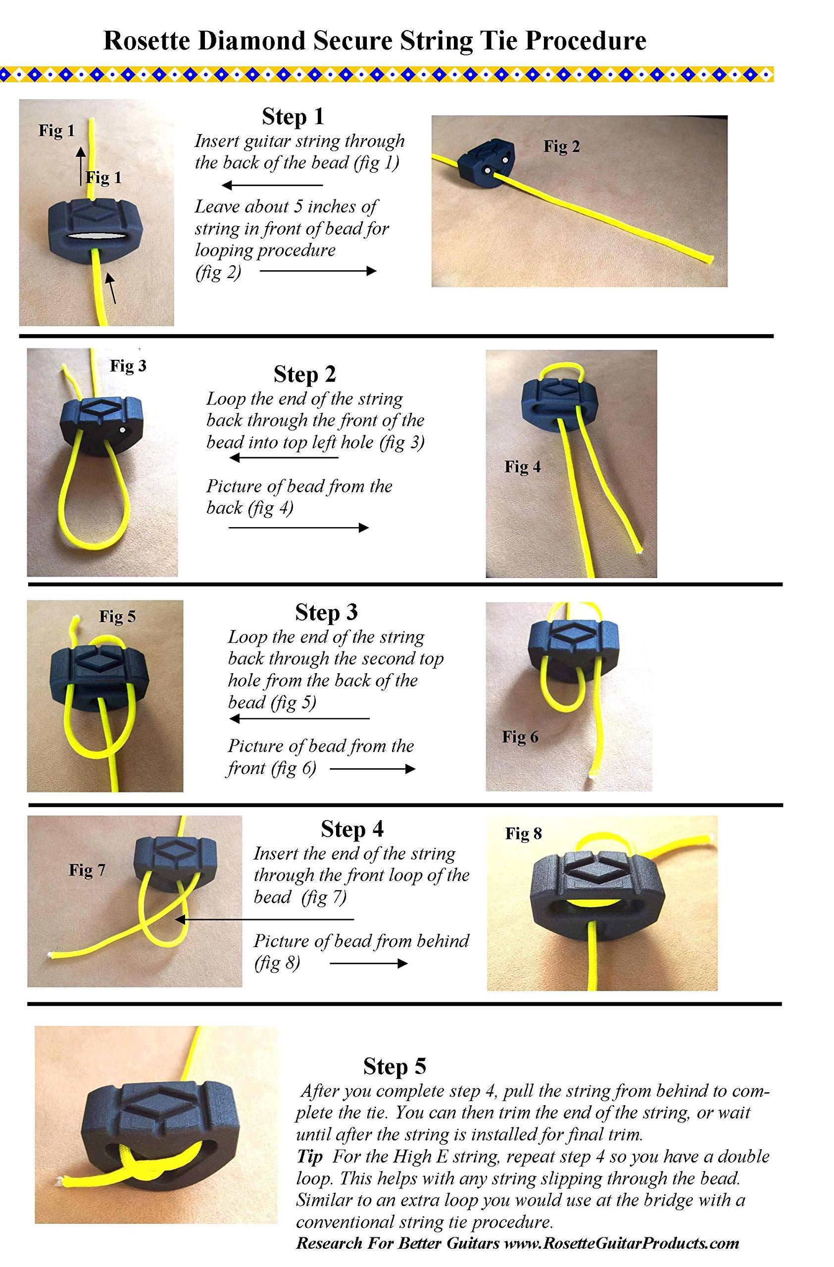 Rosette Diamond Secure Classical Guitar String Ties / New Low Profile BridgeBeads