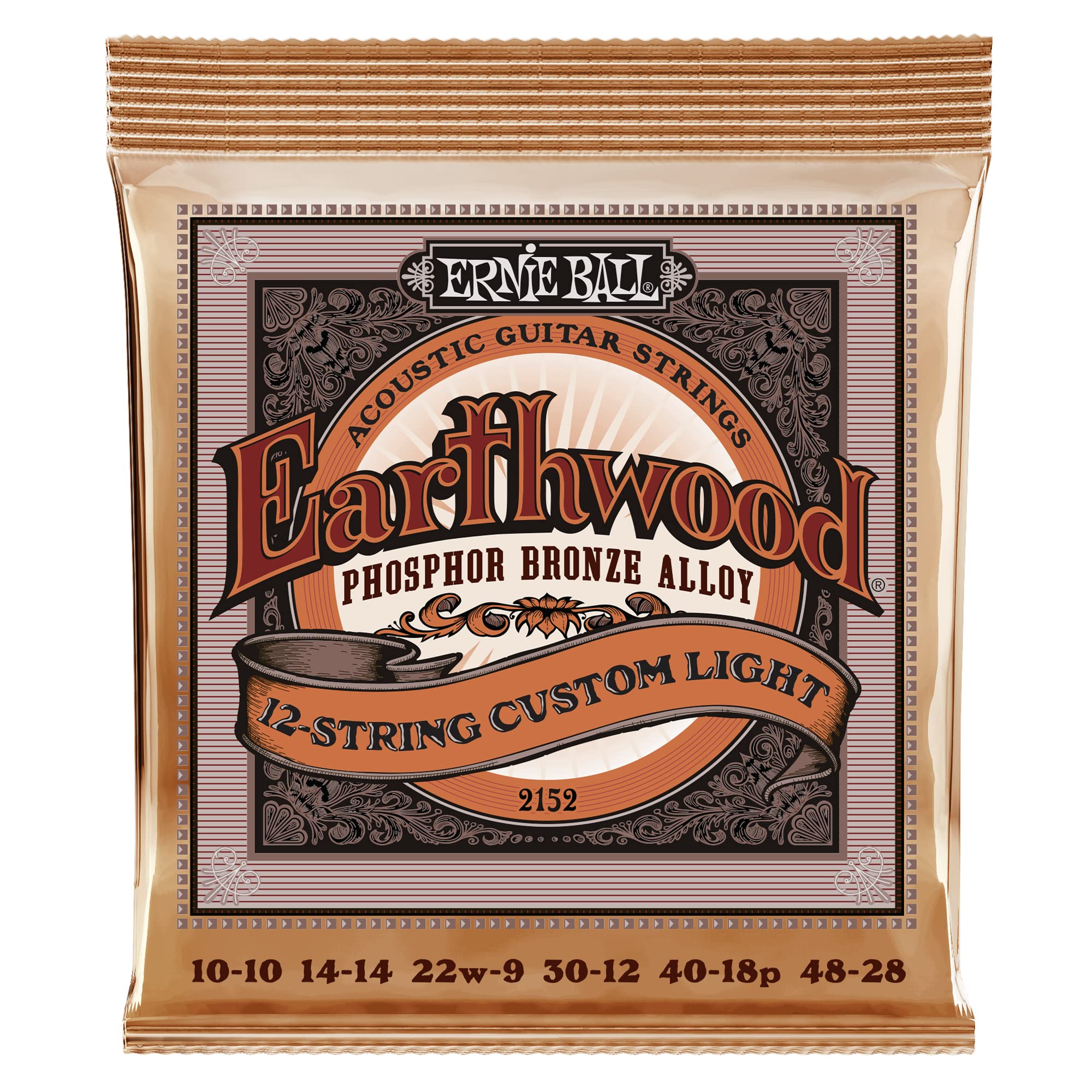 Ernie Ball Earthwood 12-String Custom Light Phosphor Bronze Acoustic Guitar Strings, 10-48 Gauge (P02152)