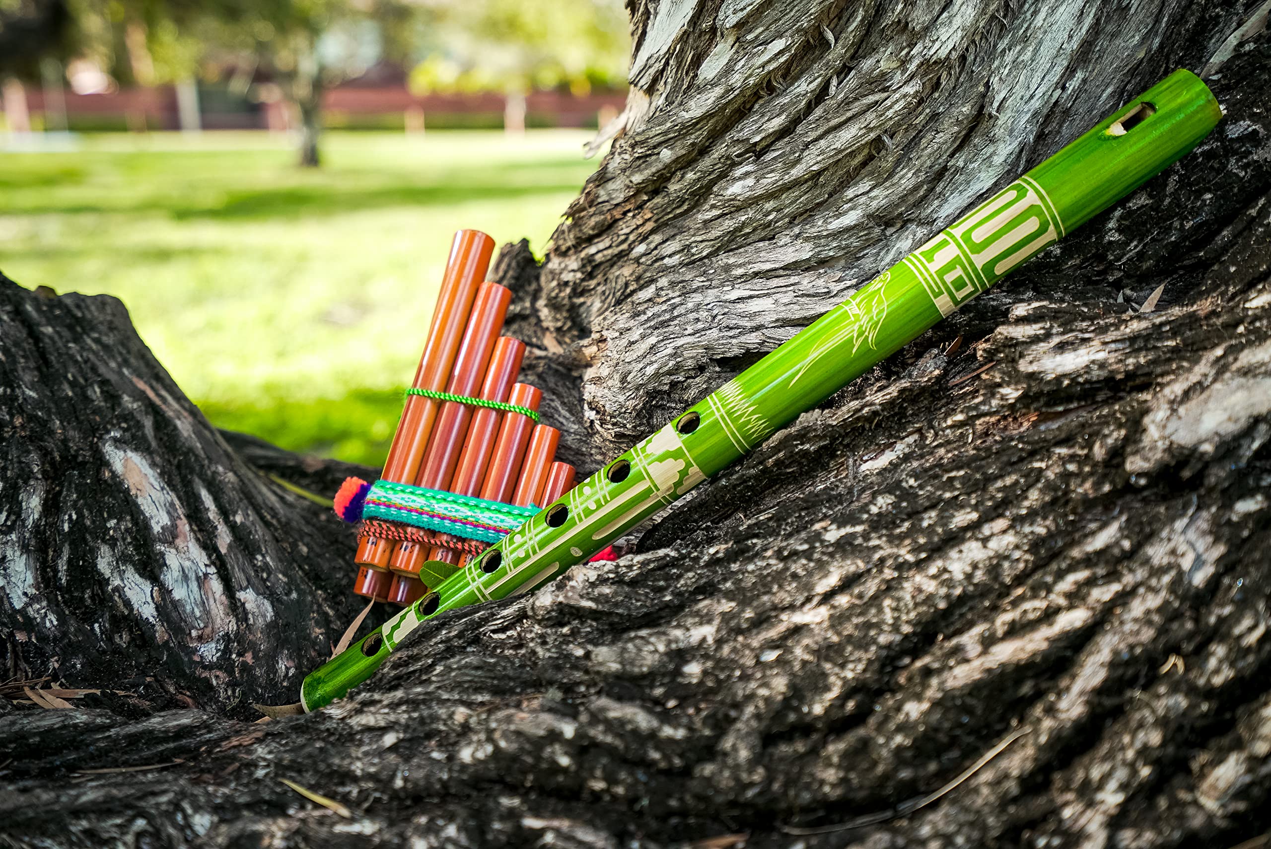 Natural Bamboo Wooden Pan Flute Pipe with Multicolored Tribal Print Woven Cotton Strap - Handmade Woodwind Gifts Peruvian Musica