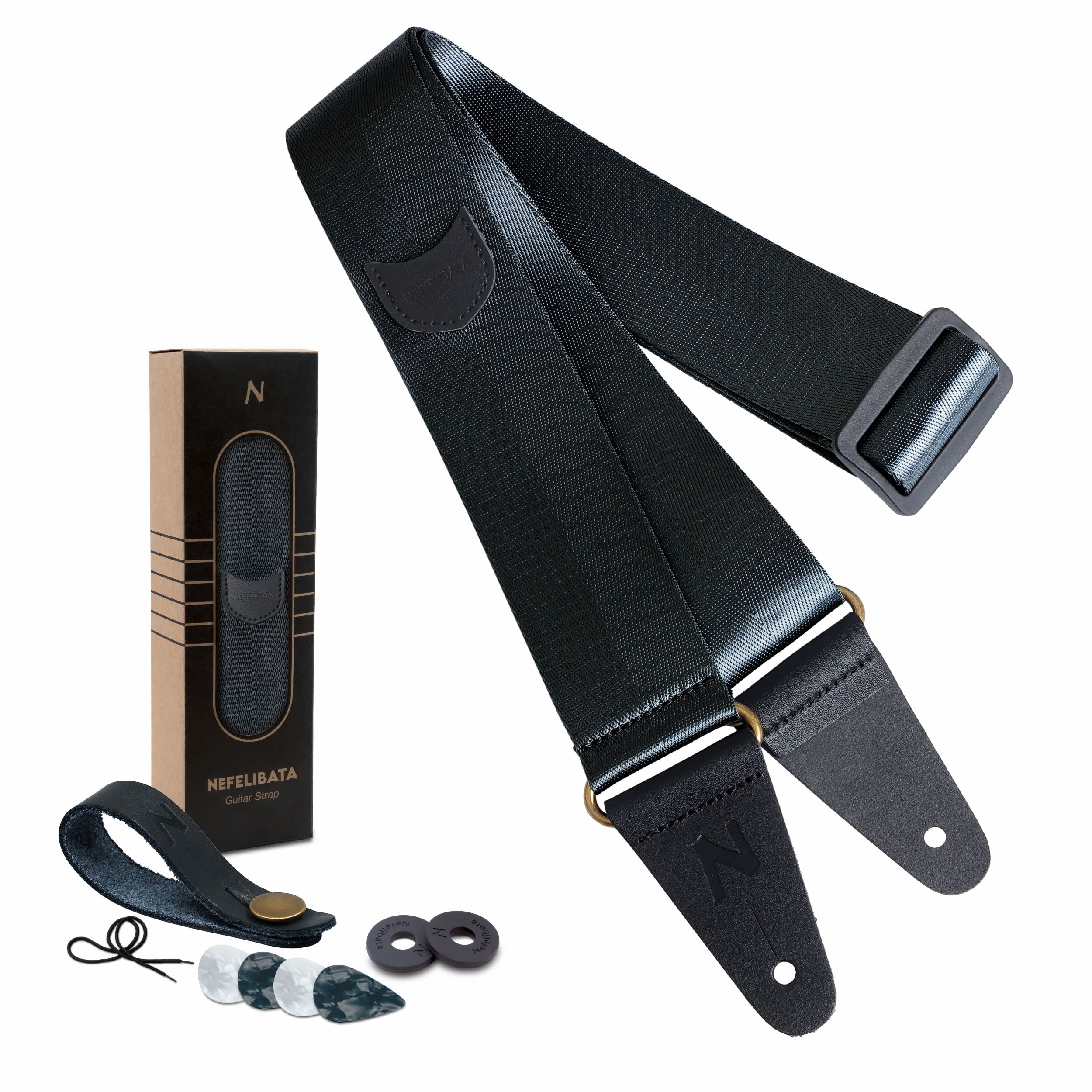 Guitar Strap With Pick Pocket, Vintage Nylon Full Grain Leather Ends Guitar Straps For Bass, Electric & Acoustic Guitar, Come Wi