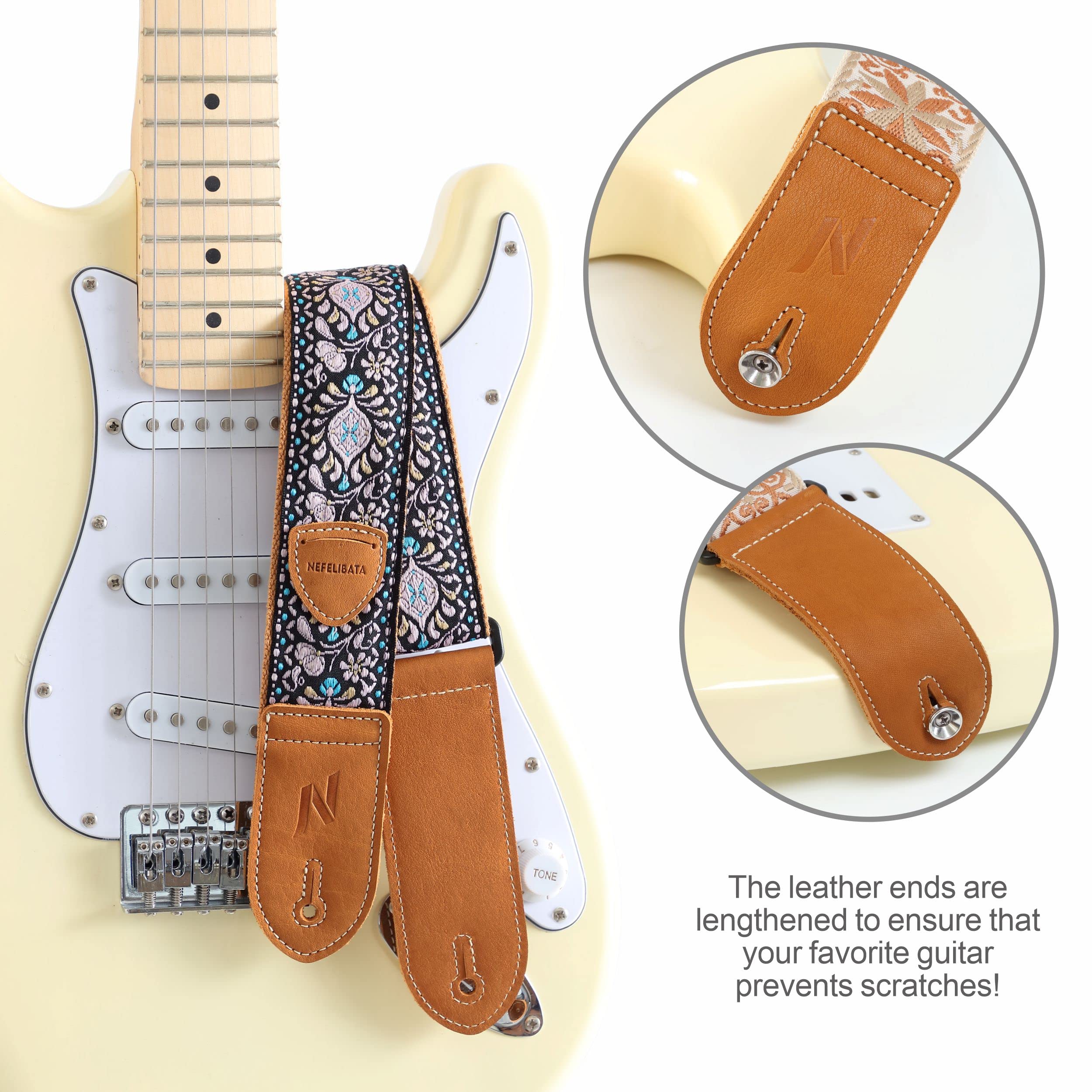 Nefelibata Guitar Strap,Double leather ends,Vintage Woven W/FREE BONUS-4 Picks+Strap Locks+Strap Button,Best Gift For Bass,Elect
