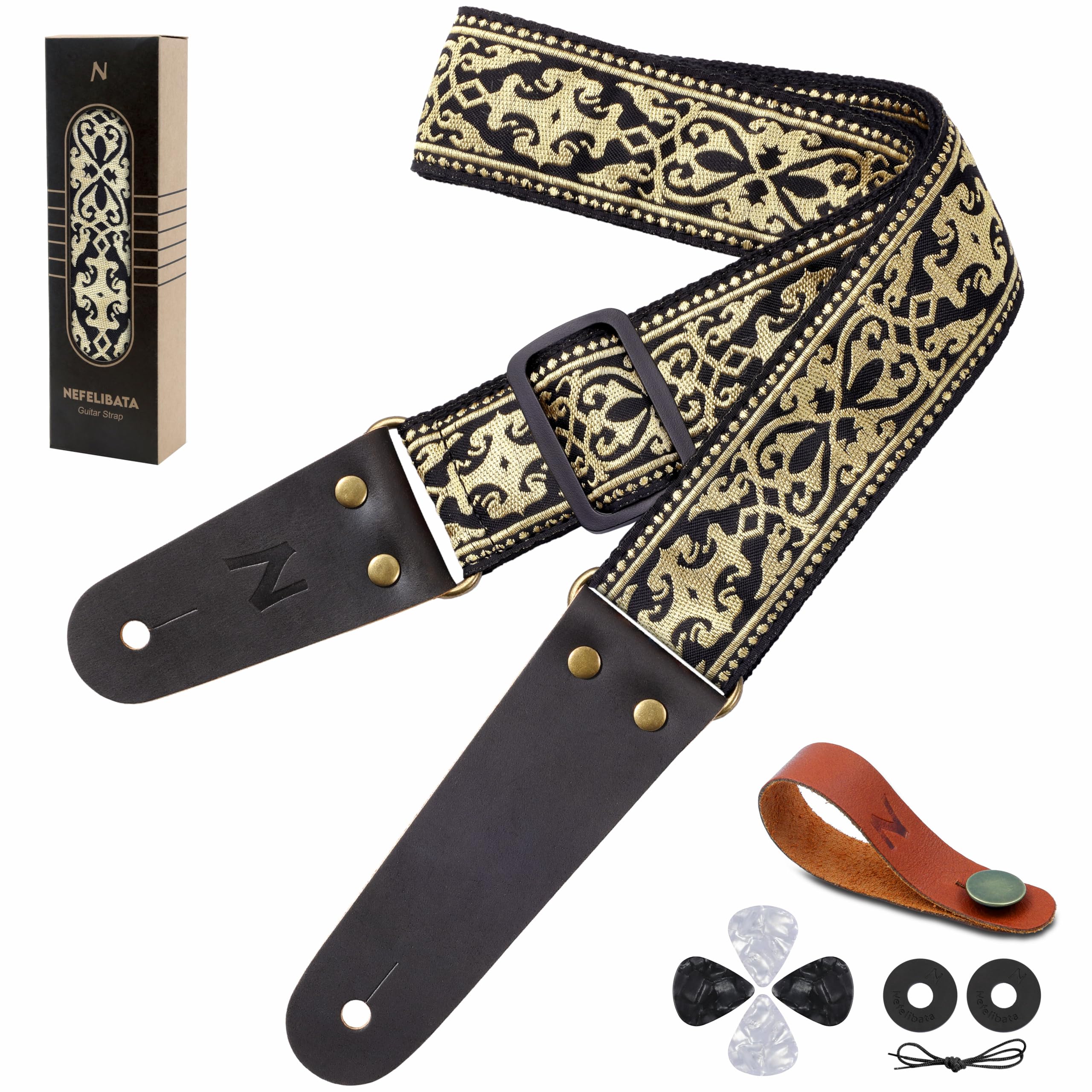 Nefelibata Guitar Strap, Embroidered Cotton Guitar Straps With Head Cowhide Leather Ends For Bass, Electric & Acoustic Guitars,