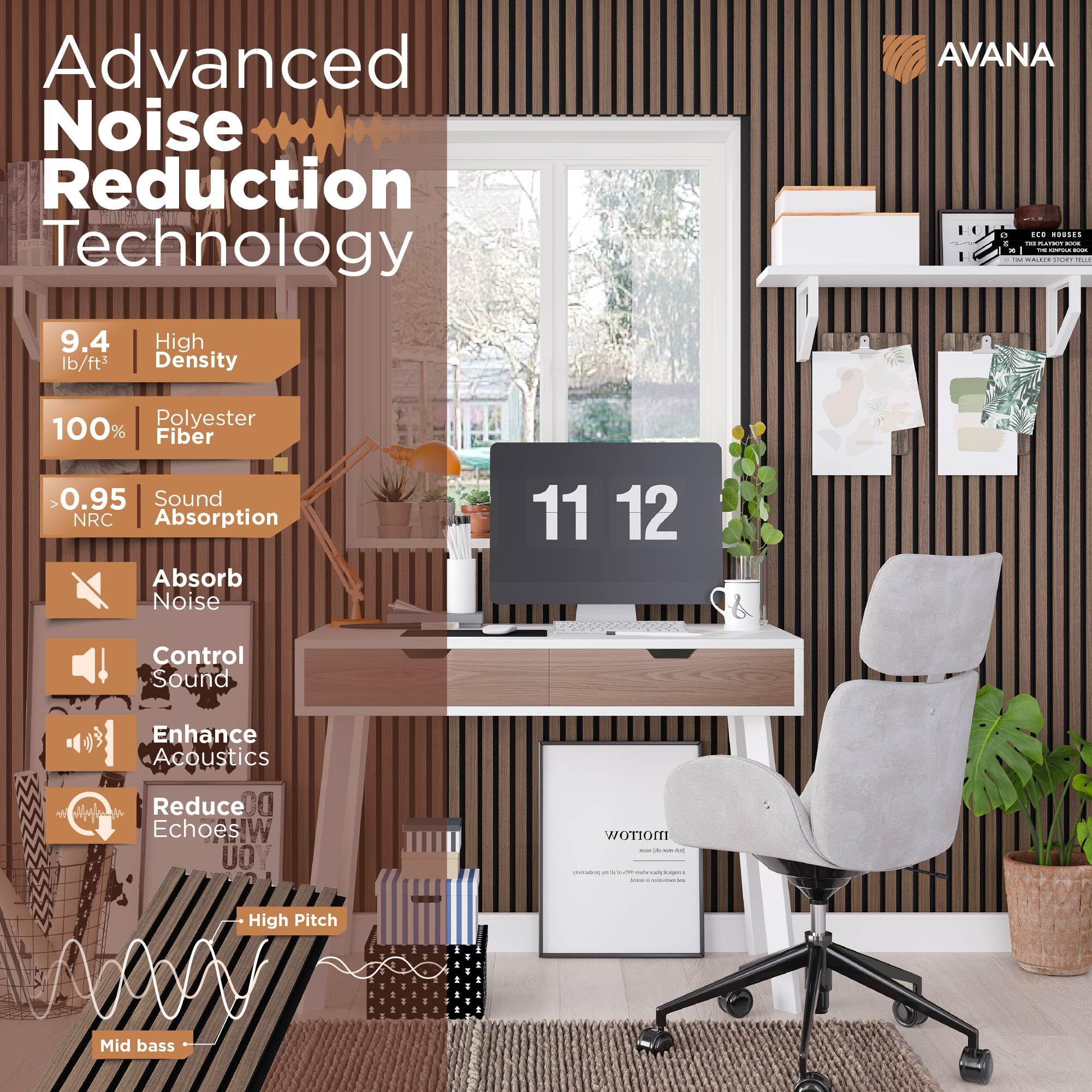 Avana Modern Acoustic Wood Wall Panels - 94.4 x 12.6 Inch Walnut Acoustic Panels 1 PC - Wall Panels For Interior Wall Decor For