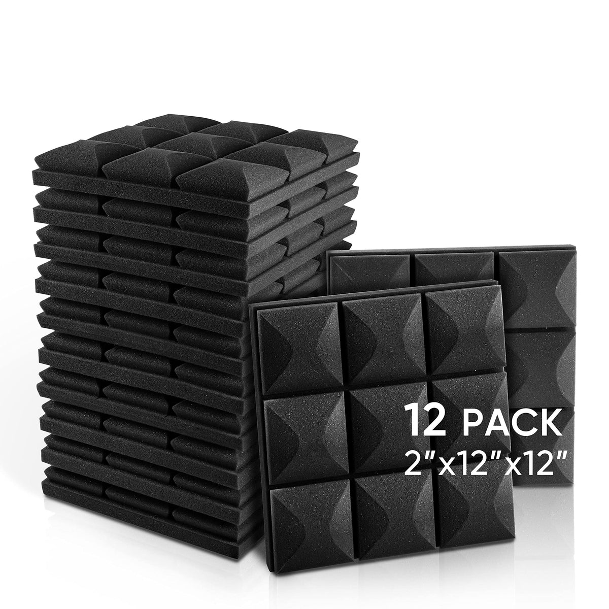 Fstop Labs Acoustic Foam Panels, 12 Pack Black 2'' X 12'' X 12'' Mushroom Studio Wedge Tiles, Sound Panels Sound Proof Foam Pane