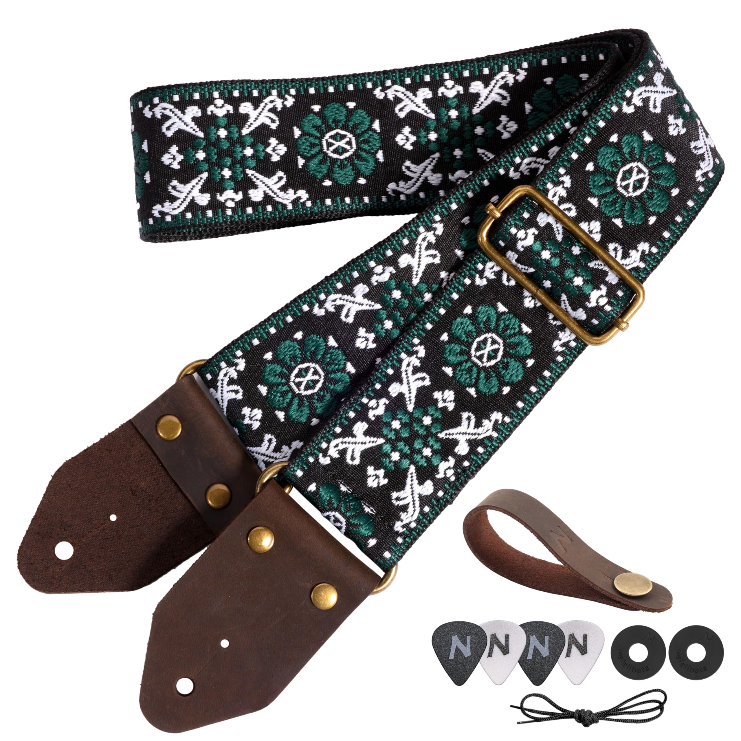 Nefelibata Guitar Strap,Jacquard Embroidery Cotton Guitar Straps With Crazy Horse Leather Ends For Bass, Electric & Acoustic, Be