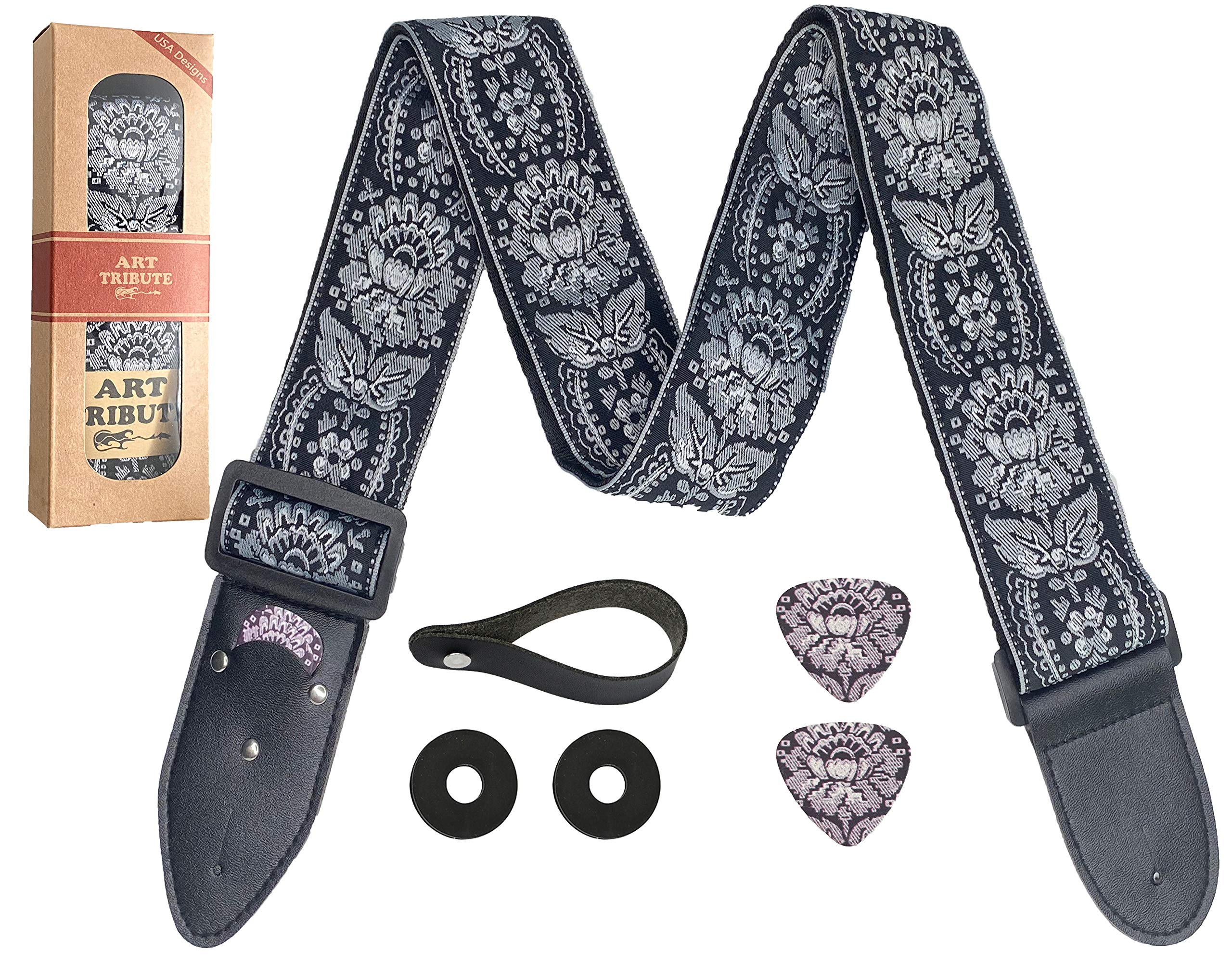 Guitar Strap Royal Black Silver Woven Christmas Gift W/ Free Bonus- 2 Picks + Strap Locks + Strap Button. For Bass, Electric & A