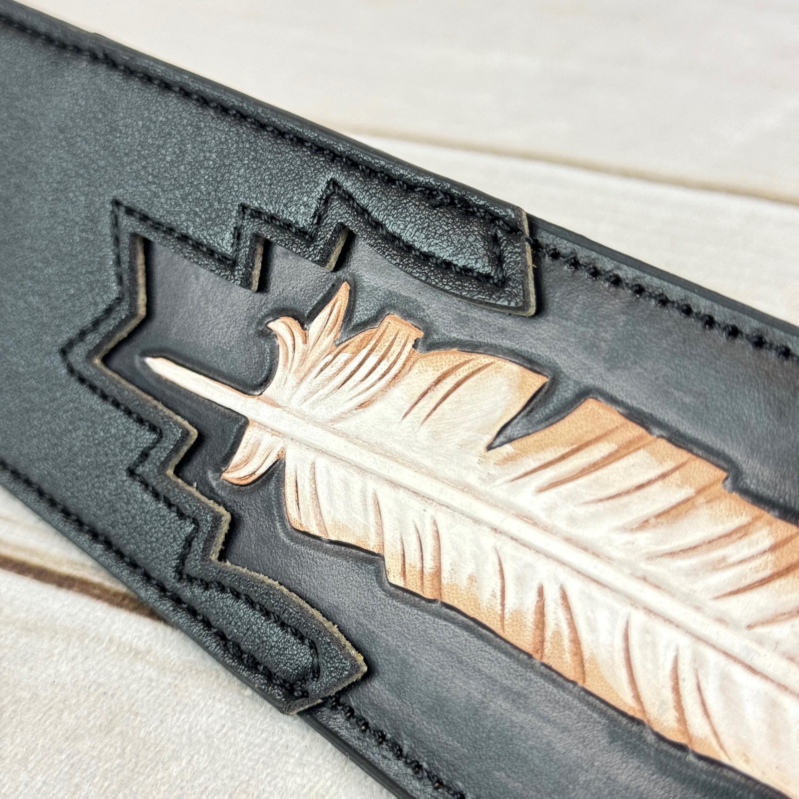 Walker & Williams CVG-115 Black Leather Padded Guitar Strap Hand Tooled Feather For Acoustic, Electric, And Bass Guitars
