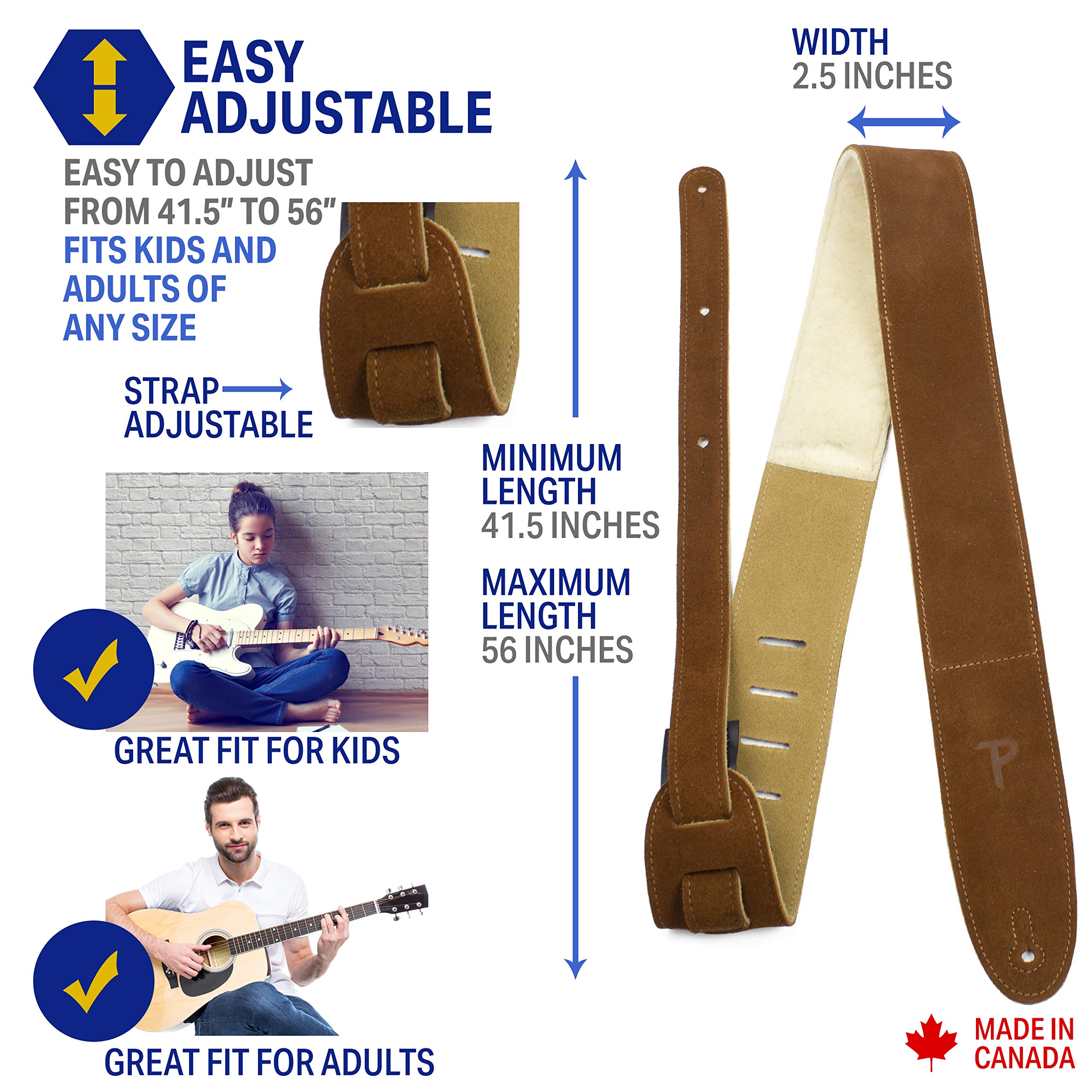 Perri's Leathers, Suede Guitar Strap, Sheepskin Pad, Anti-Slip, Classic, Suitable for Each Level, Standard Size, 41'' to 56'' In