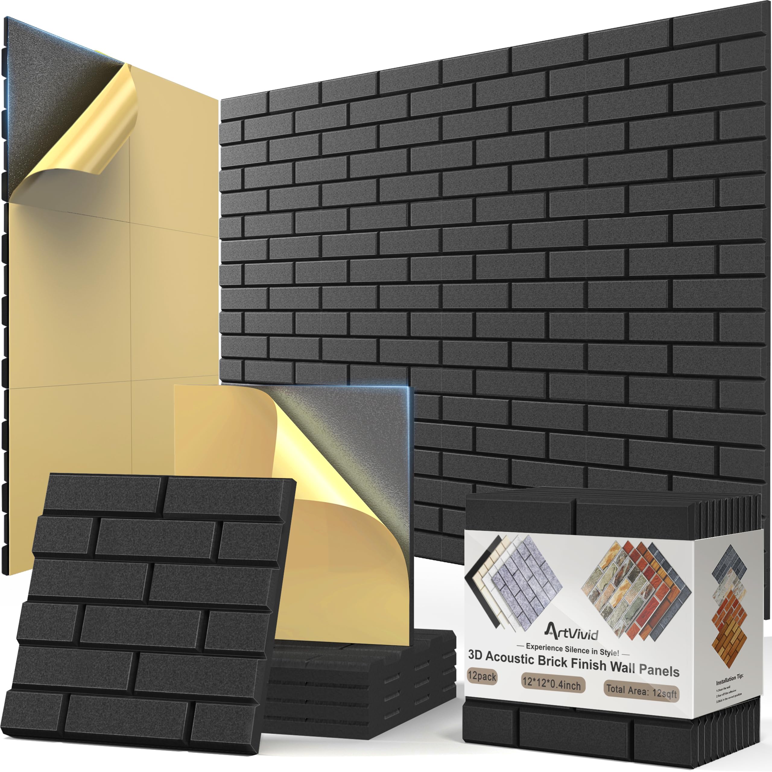 12Pack Acoustic Wall Panels, Self-Adhesive 3D Brick Pattern Sound Proof Panels for Walls, High Density Decorative Acoustic Foam 