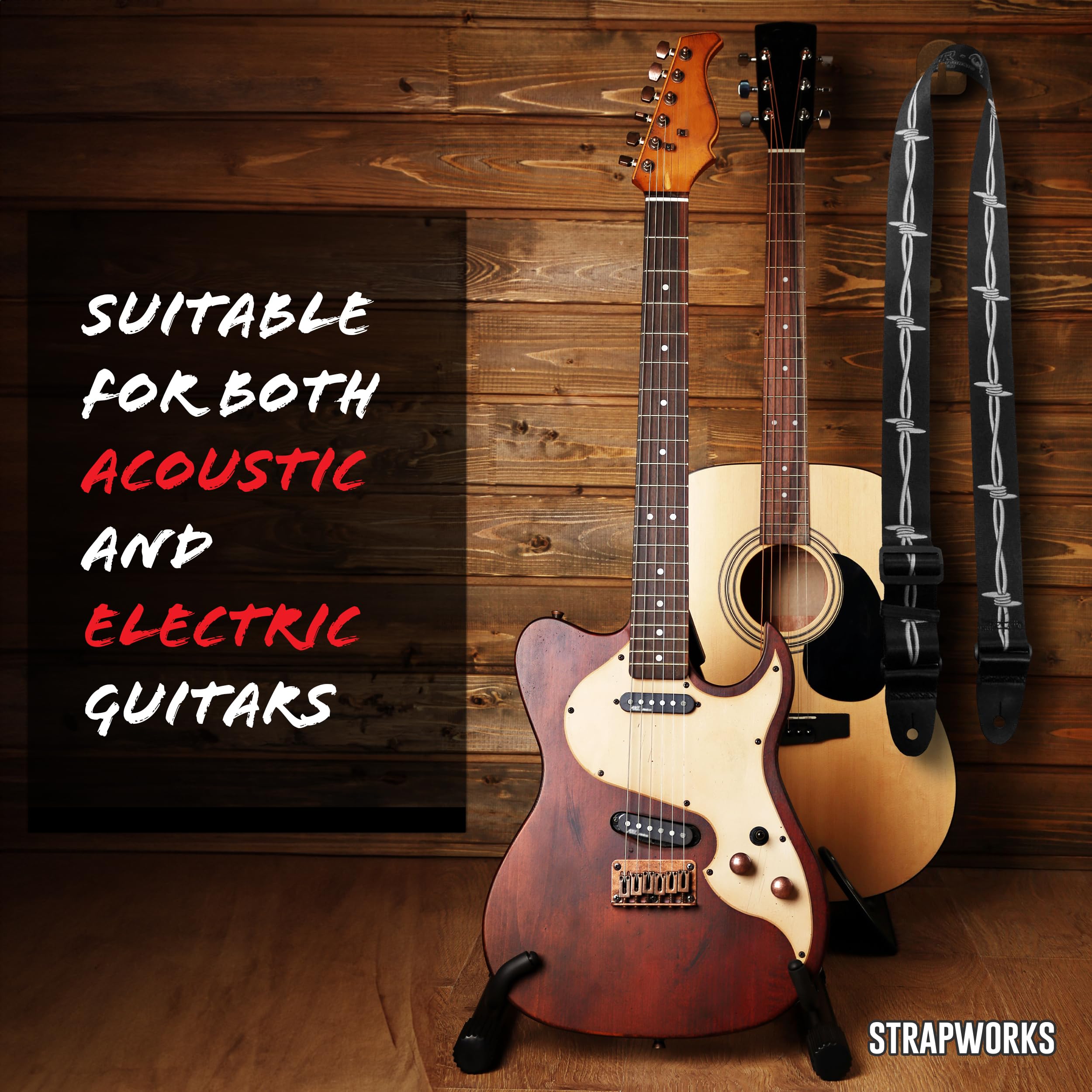 Killer-Q Guitar Strap - Stylish Straps for Electric and Acoustic Guitars With Leather Tabs, 2 Inches x 5 Feet, Barbed Wire