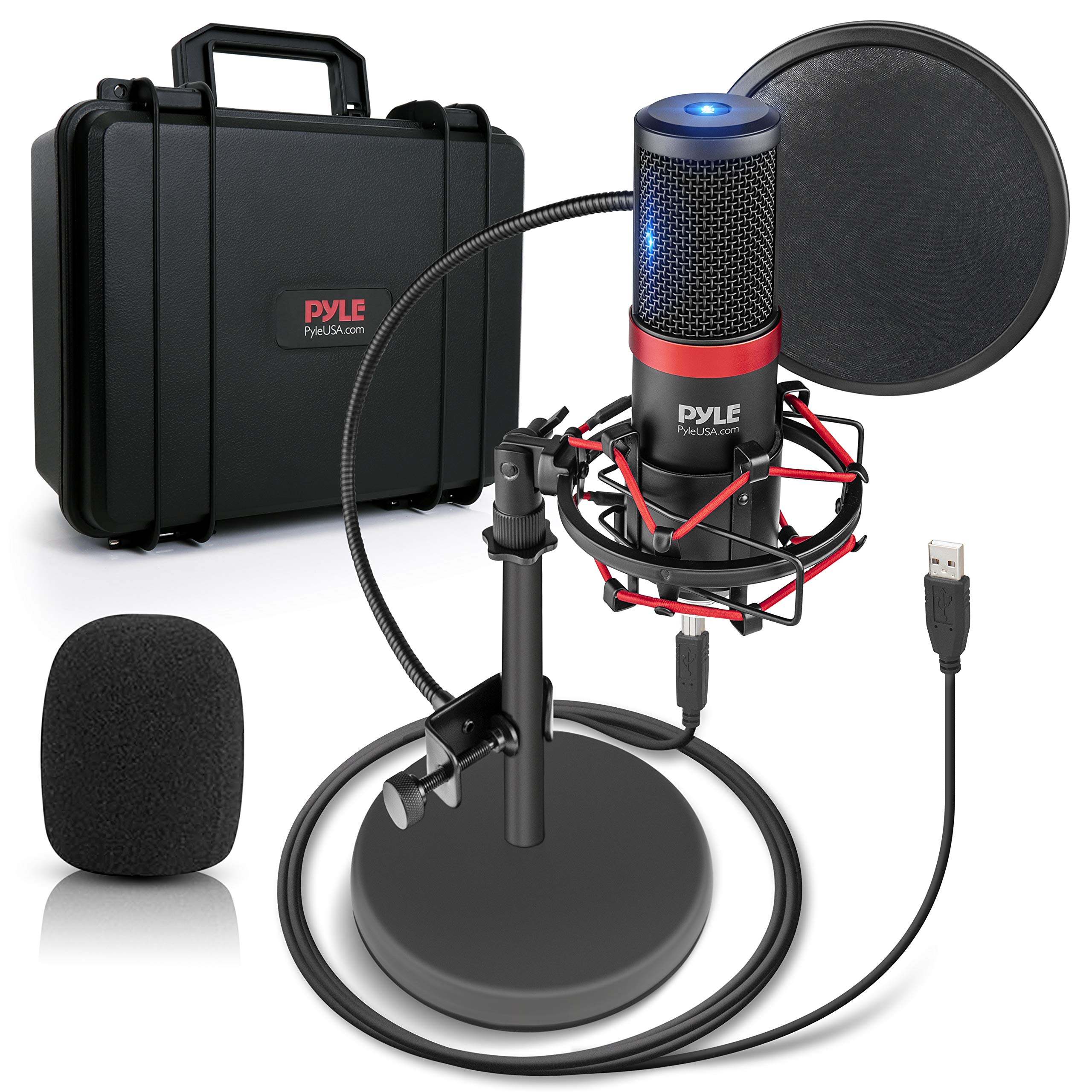 Pyle USB Microphone Podcast Recording Kit - Audio Cardioid Condenser Mic w/Shock Mount Stand & Pop Filter, for Gaming PS4, Strea