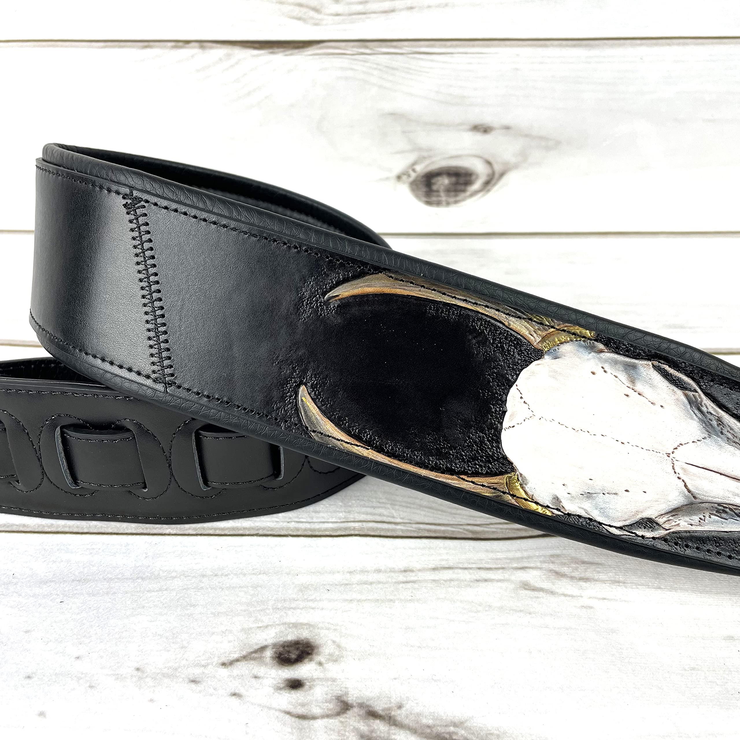 Walker And Williams KB-61 Handmade Carved Longhorn Skull Guitar Strap On Premium Matte Black Leather For Acoustic, Electric, And