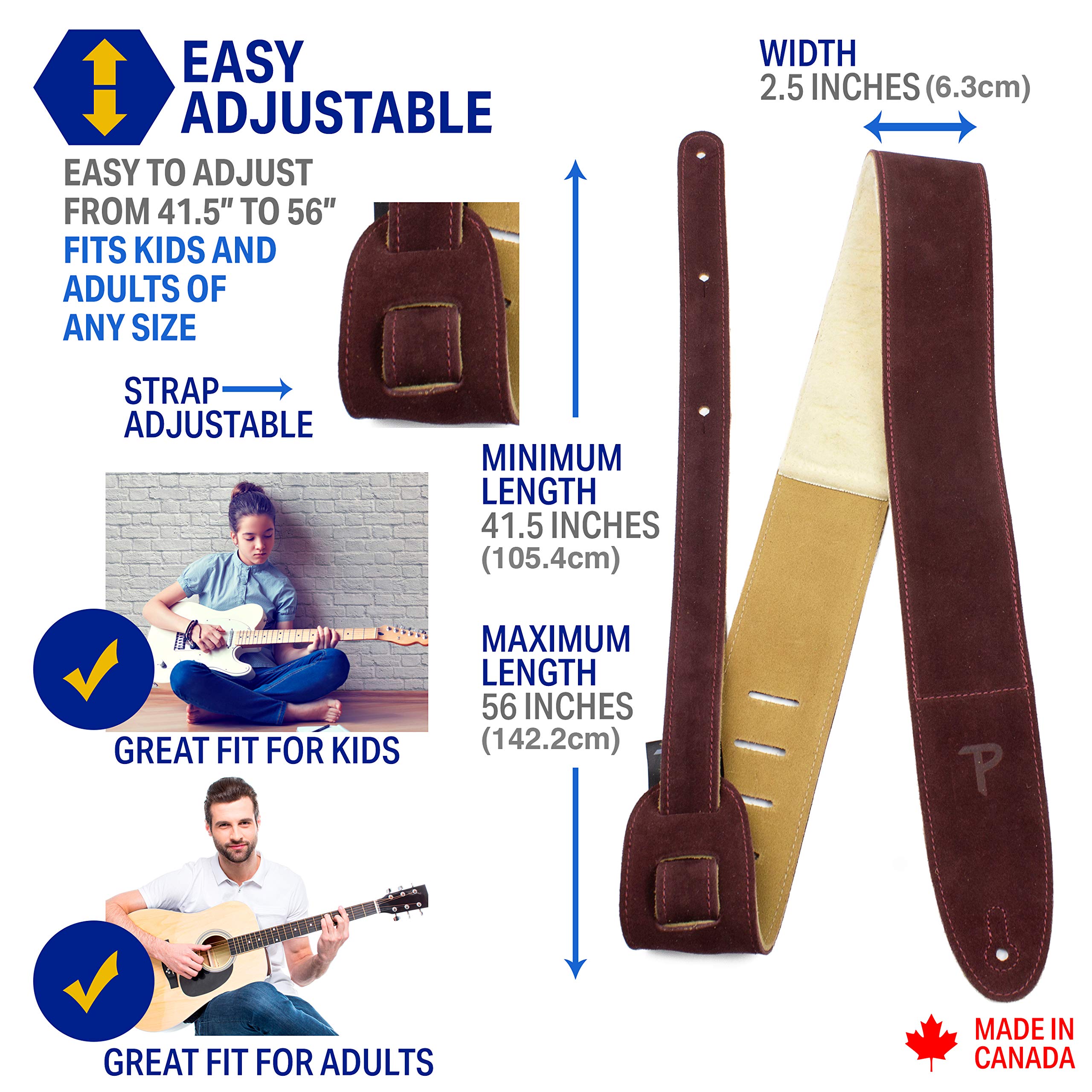 Perri's Leathers, Suede Guitar Strap, Sheepskin Pad, Burgundy, Anti-Slip, Classic, Suitable for Each Level, Standard Size, 41''