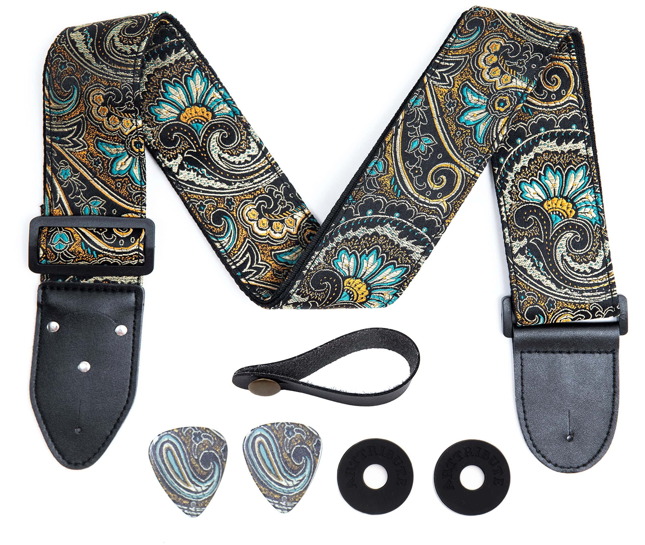 Art Tribute Guitar Strap Brown Gold Cotton Style Classic Pattern Wfree Bonus- 2 Picks  Strap Locks  Strap Button For Bass, Elect