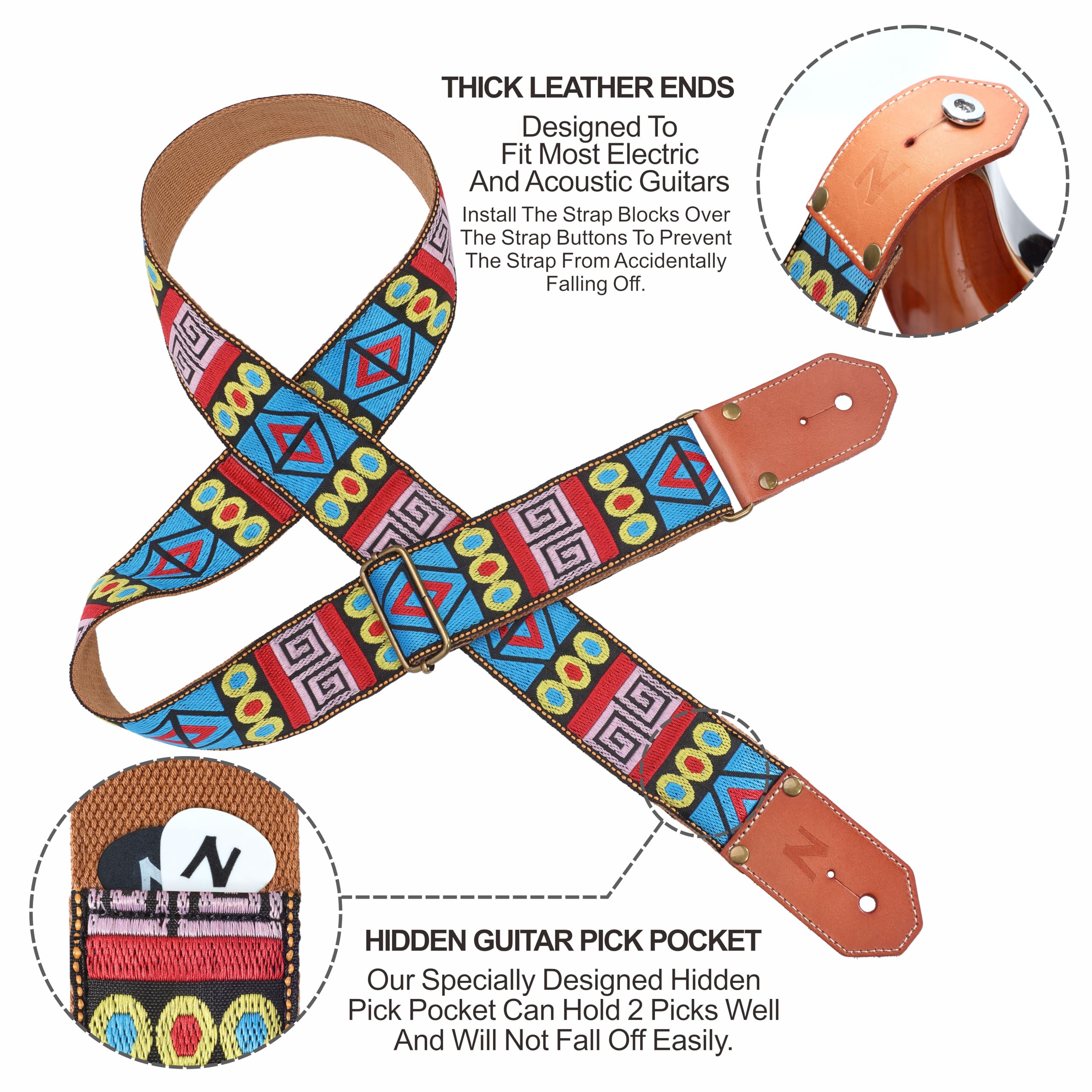 Nefelibata Guitar Strap Cotton with Thicked First Layer Vegetable Tanned Cowhide Leather Ends for Acoustic, Bass, Electric Guita