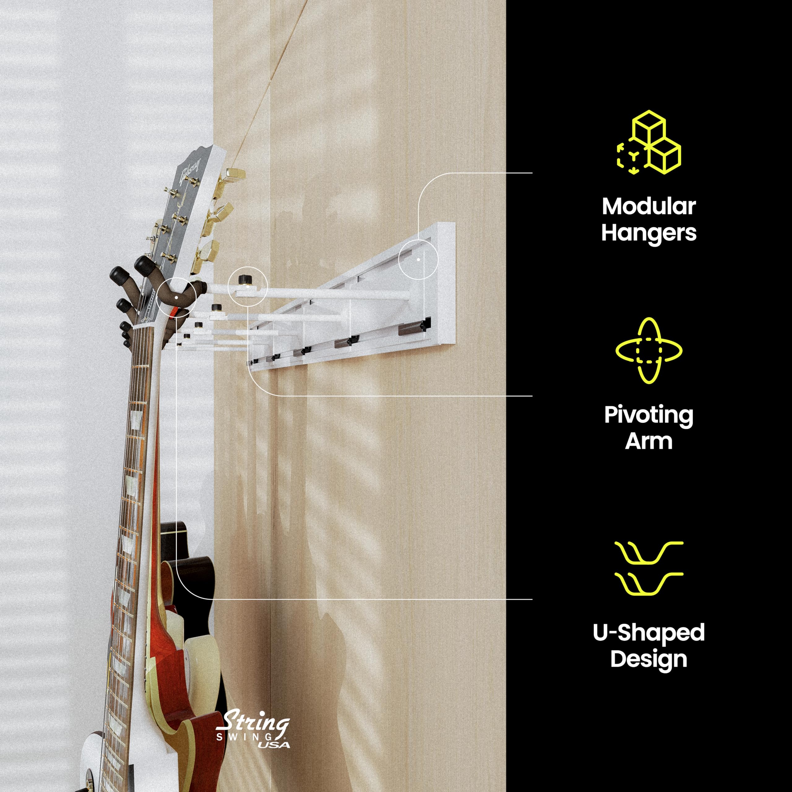 String Swing Guitar Wall Rack, Multiple Guitar Wall Mount, Guitar Organizer for Acoustic & Electric Guitars, 5 Padded Arm Hanger