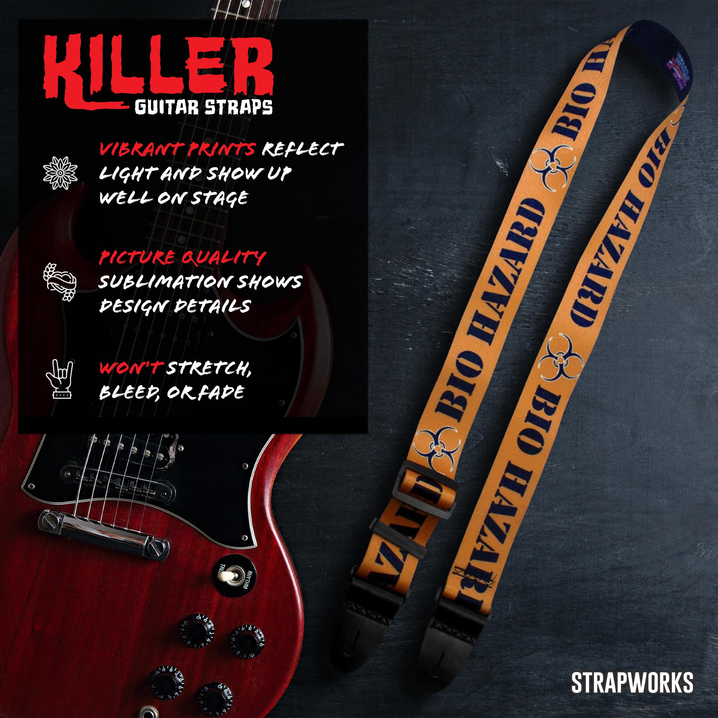 Killer-Q Guitar Strap - Stylish Straps for Electric and Acoustic Guitars With Leather Tabs, 2 Inches x 5 Feet, Bio Hazard