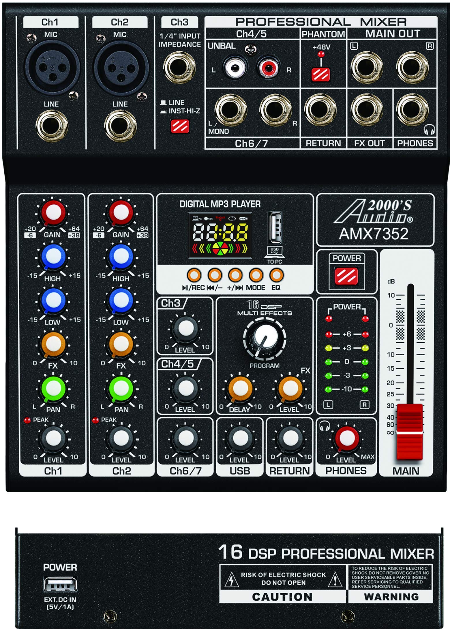 Audio2000'S AMX7352 Seven-Channel Audio Mixer with USB 5V Power Supply, USB Interface, and Sound Effect