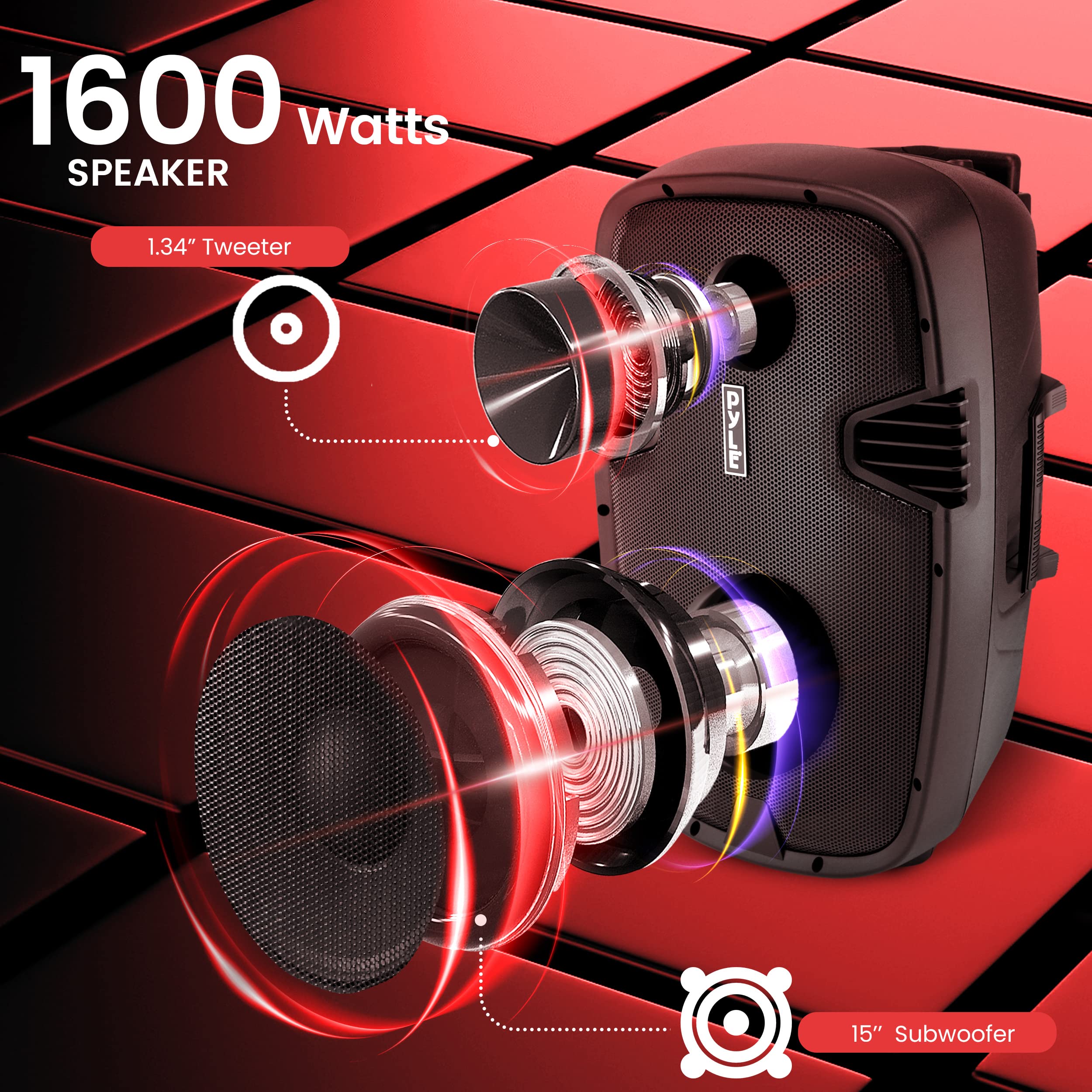 Pyle 1600 Watt, 15'' Bluetooth PA Speaker-Indoor/Outdoor Portable Sound System with (2) UHF Wireless Microphones Rechargeable Ba