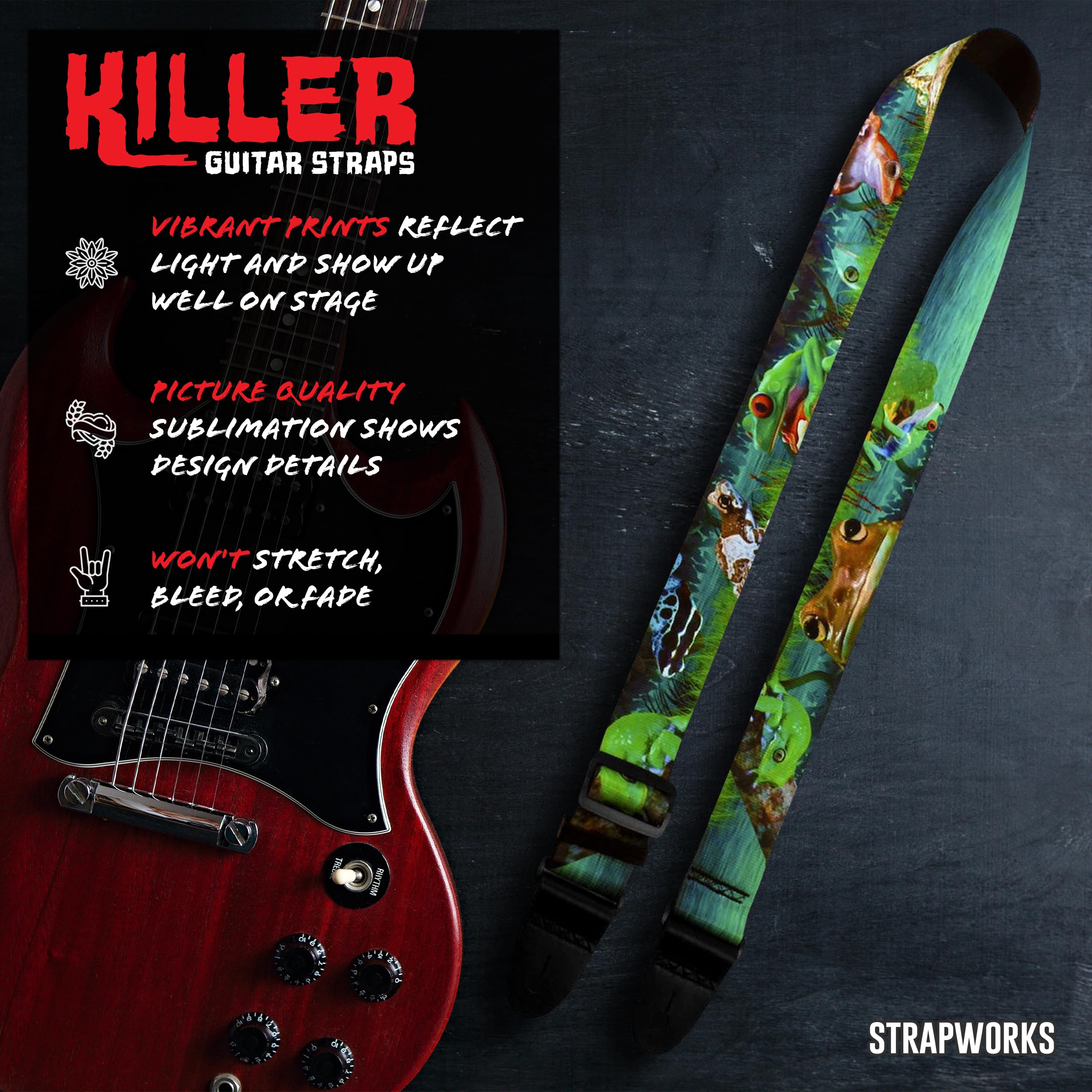 Killer-Q Guitar Strap - Stylish Straps for Electric and Acoustic Guitars With Leather Tabs, 2 Inches x 5 Feet, Tree Frog