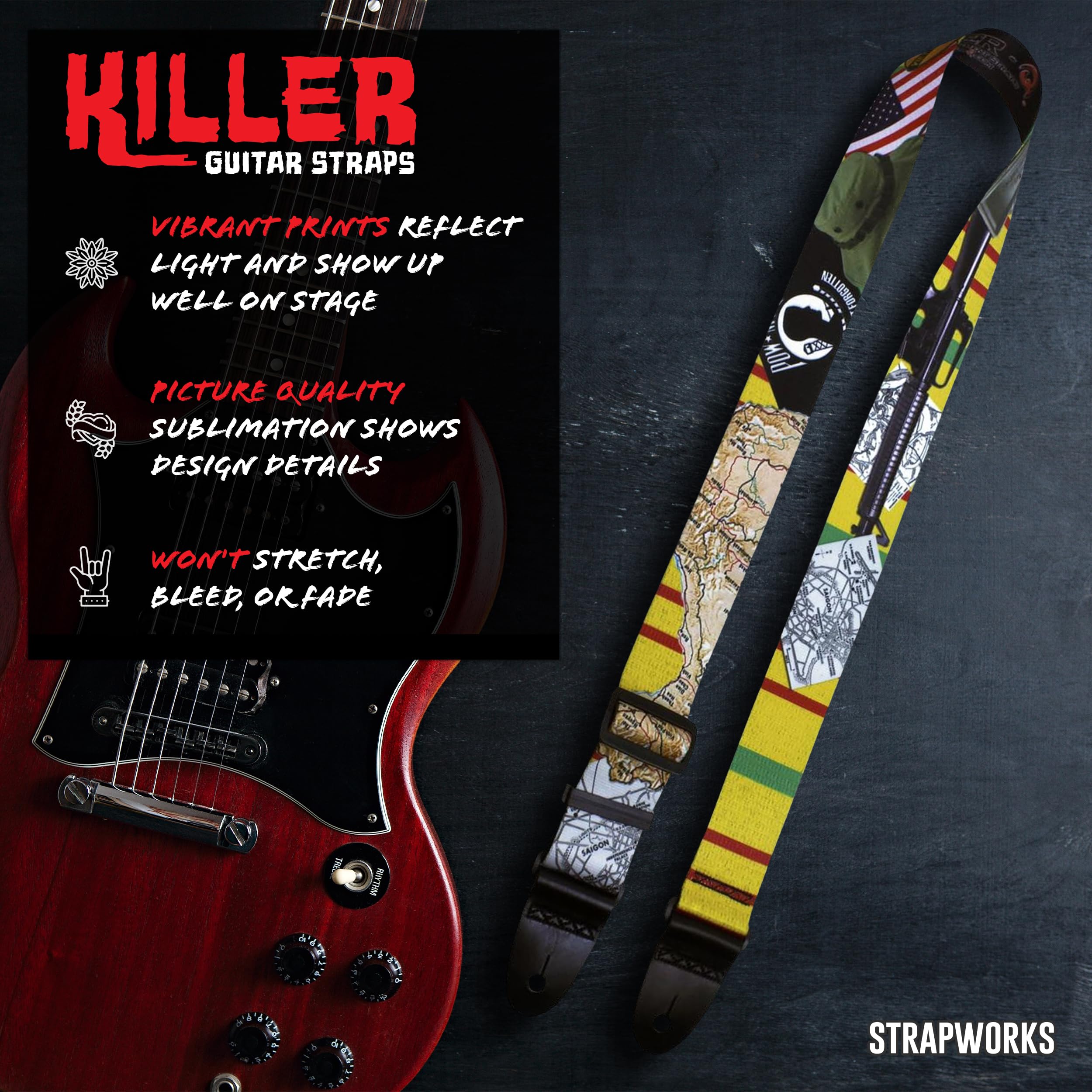 Killer-Q Guitar Strap - Stylish Straps for Electric and Acoustic Guitars With Leather Tabs, 2 Inches x 5 Feet, Never Forget