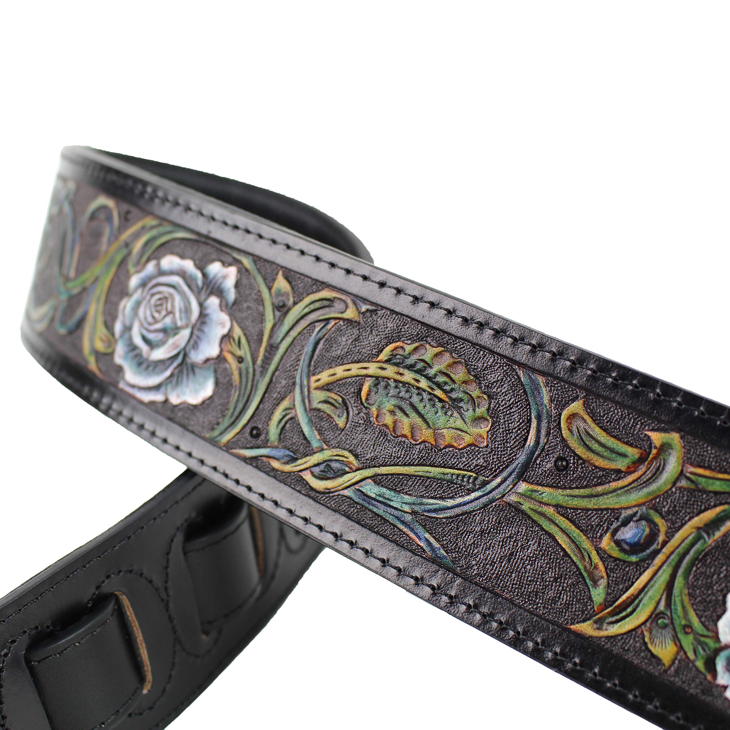 Walker And Williams LHR-13 Handmade Black Premium Carved Leather Guitar Strap With Prussian Blue And White Western Floral Carvin