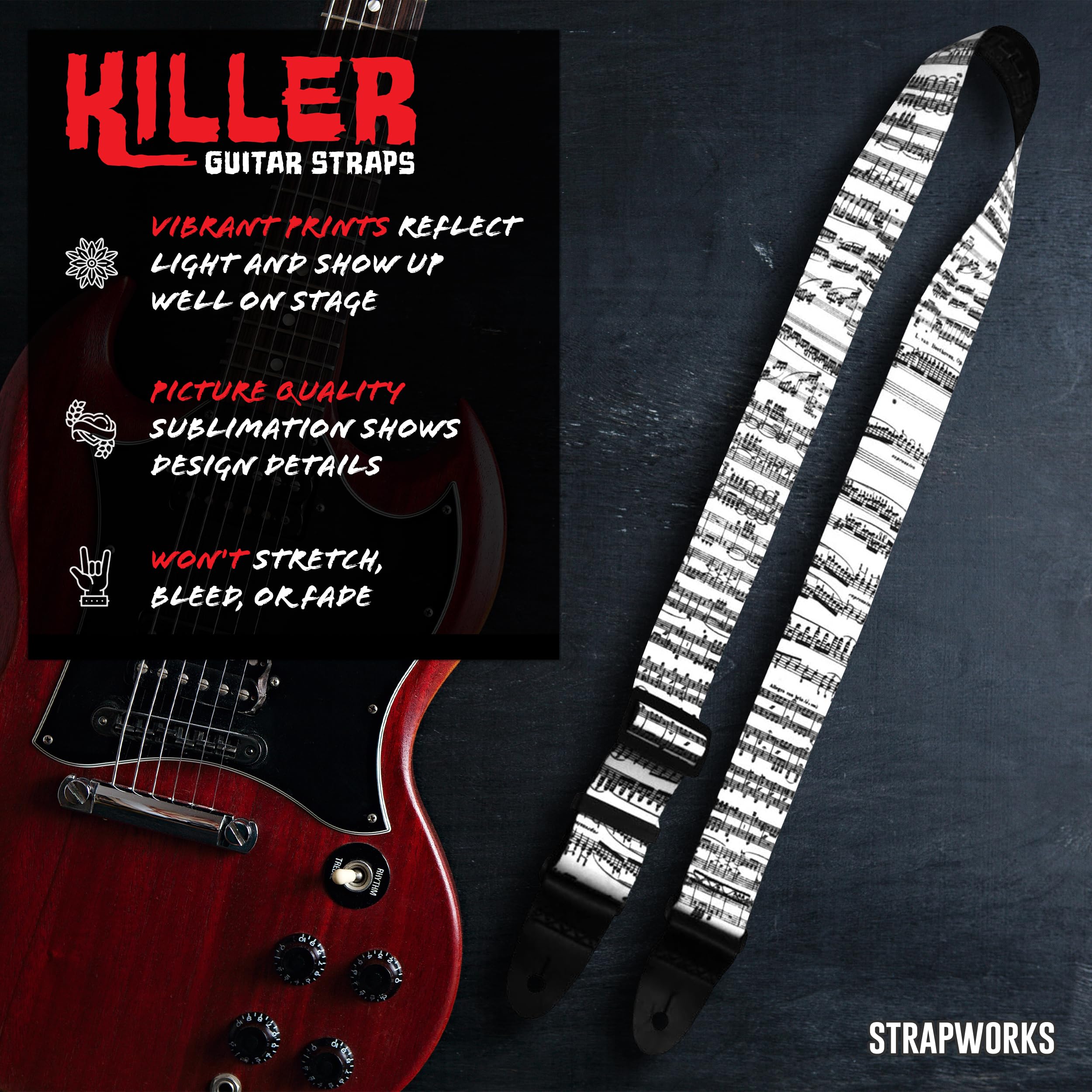 Killer-Q Guitar Strap - Stylish Straps for Electric and Acoustic Guitars With Leather Tabs, 2 Inches x 5 Feet, I Plead the 5th