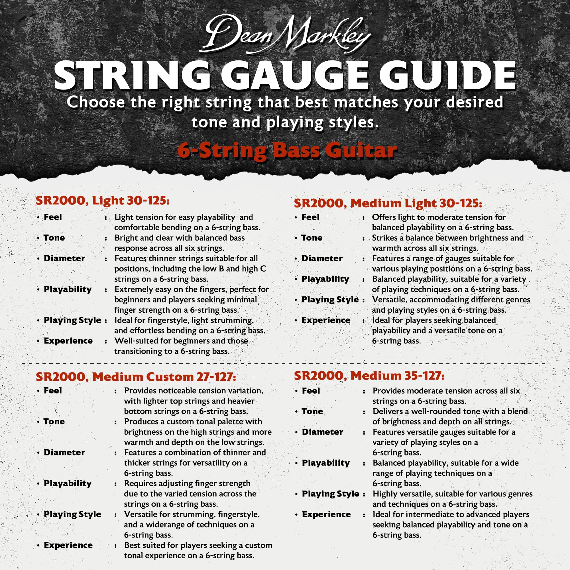 Dean Markley SR2000 Stainless Steel Bass Guitar Strings 6 String Set, 27-127 Medium Custom 6 String Bass Guitar, Silky Smooth Ba