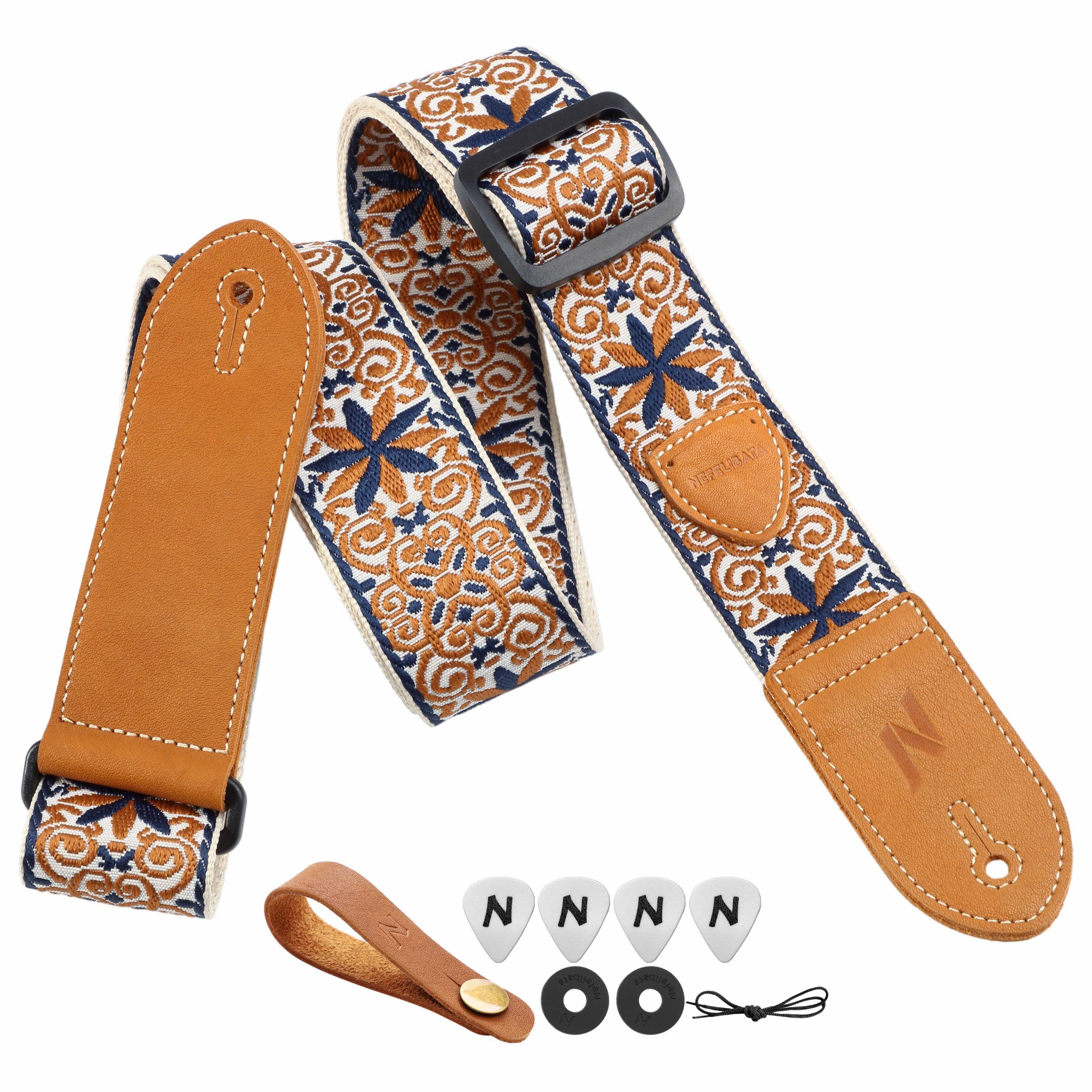 Nefelibata Guitar Strap,Double Leather Ends,Vintage Woven W/Free Bonus-4 Picks+Strap Locks+Strap Button,Best Gift For Bass,Elect