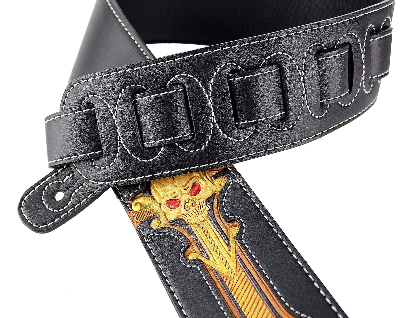 Walker & Williams CVG-24 Handmade Black And Gold Padded Guitar Strap With Hand Tooled Christian Cross And Skull Design For Acous