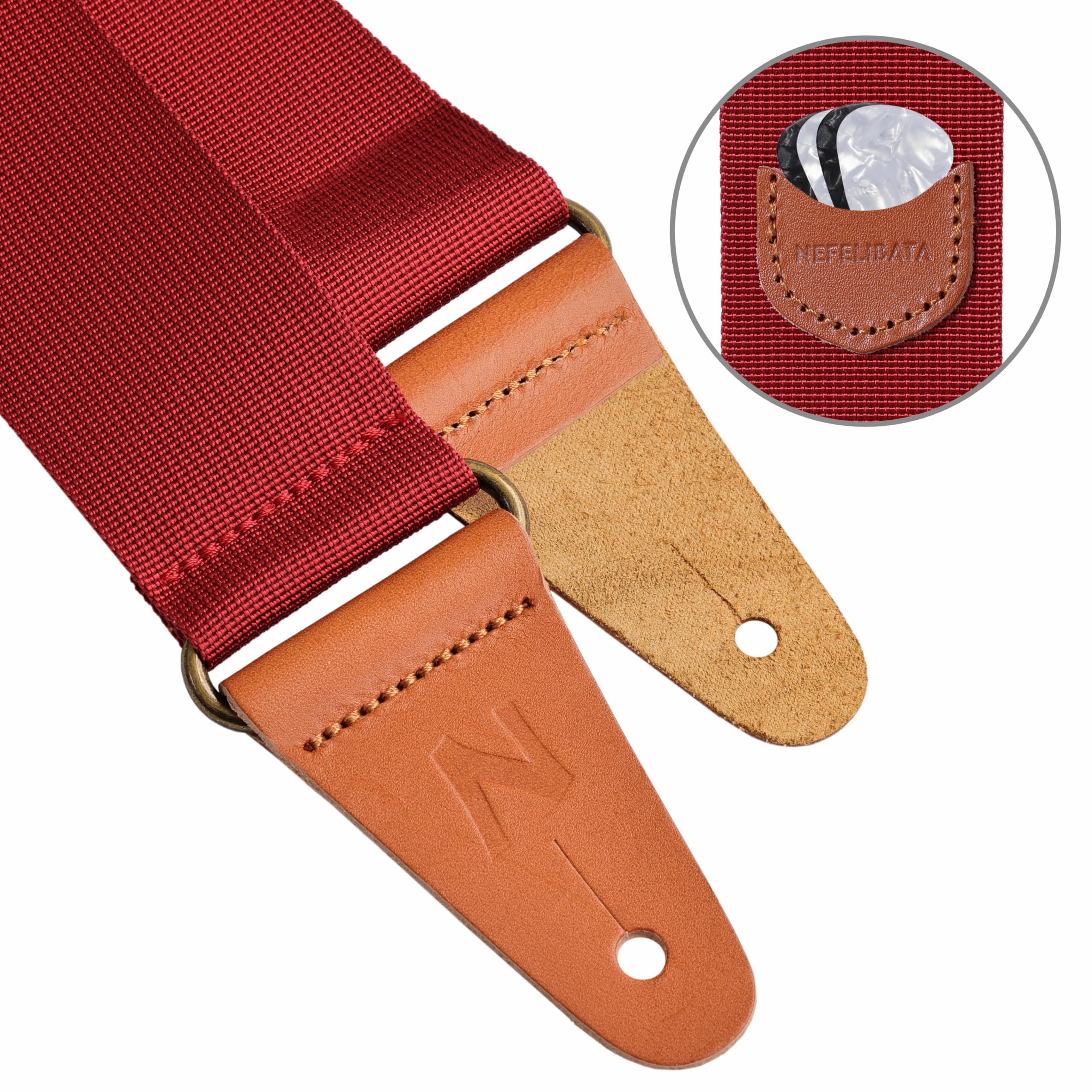 Nefelibata Guitar Strap with Pick Pocket, Vintage Nylon Full Grain Leather Ends Guitar Straps for Bass, Electric & Acoustic Guit