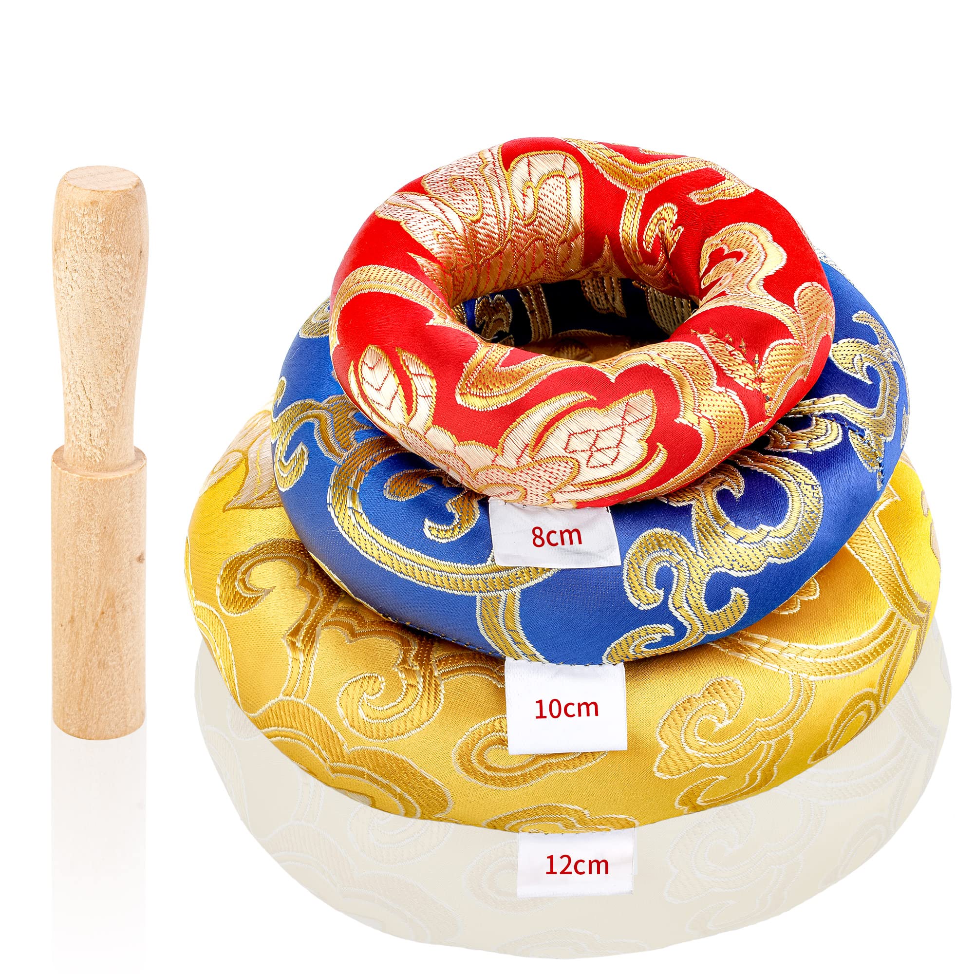 ZenBless Silk Embroidered Tibetan Singing Bowl Cushion Set, 3pcs (8cm, 10cm, 12cm), Singing Bowl Holder with Mallet, Meditation 