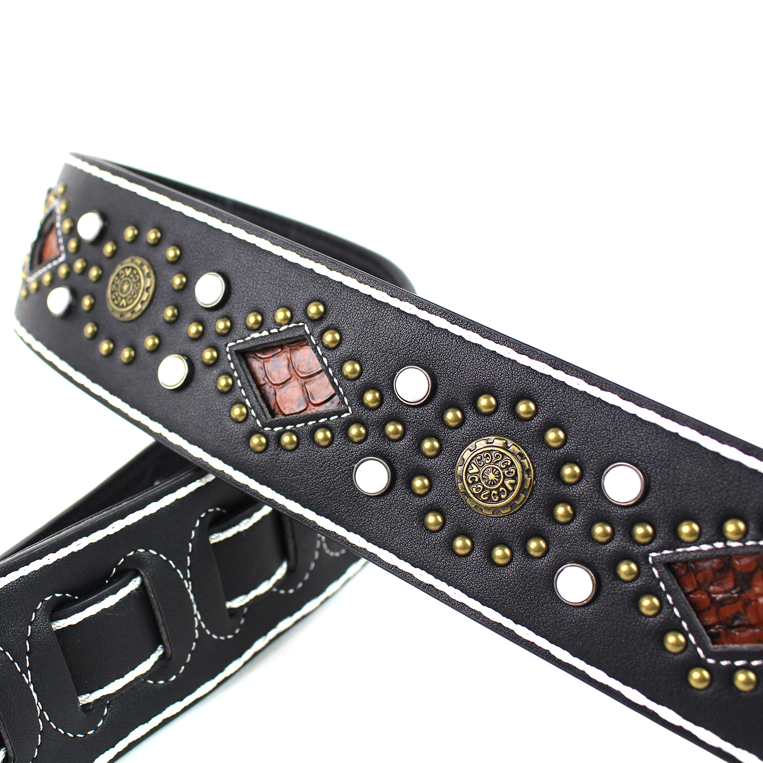 Walker And Williams GTR-20-WHT Sedona Special Premium Black Padded Guitar Strap With White Stitching Brass Studs & Rivets For Ac