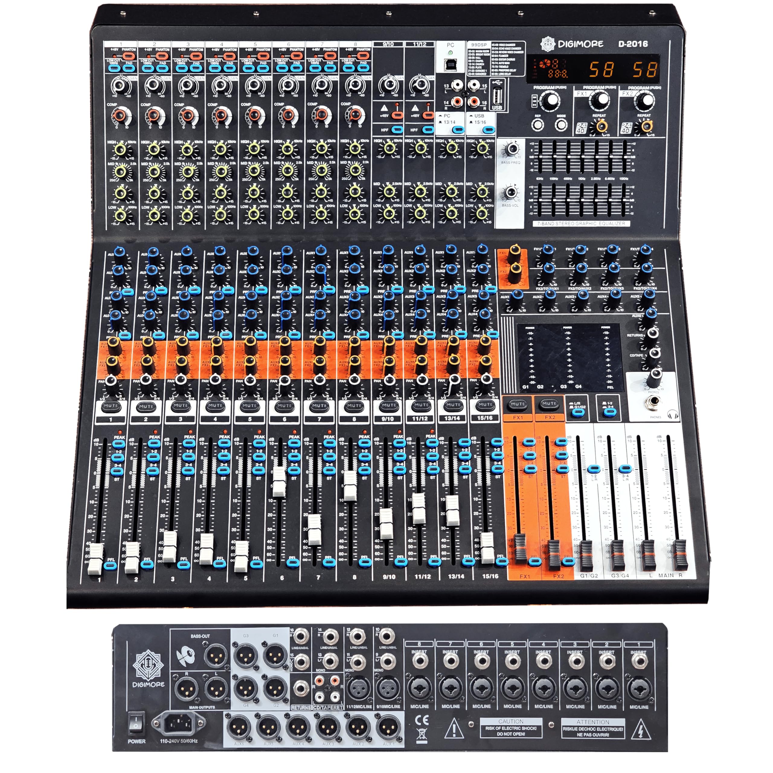 Digimore 16-Channel Audio Mixer | 6 Aux, 4 Groups & 1 Bass XLR Output | Pre/Post Control | Mute & 48V Phantom Power | 99 DSP Eff