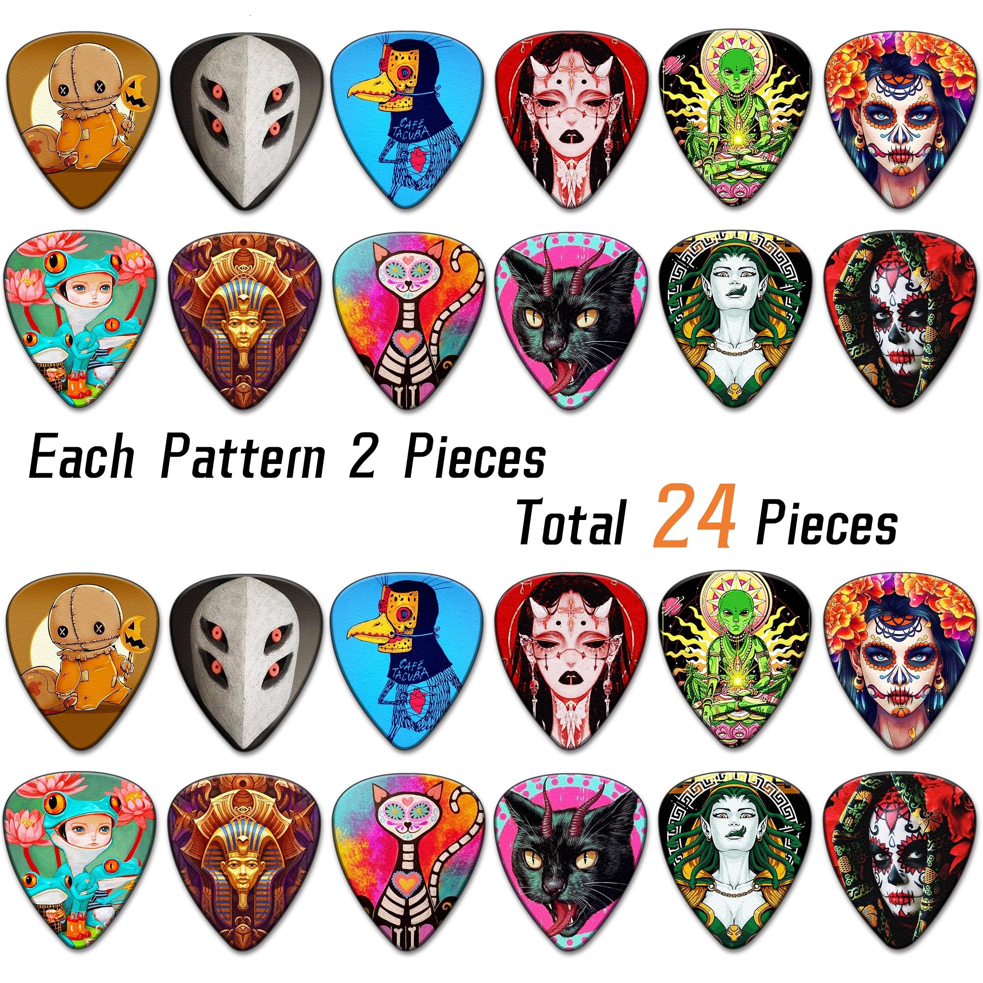Guitar Picks 24 Pack Thin, Medium, Heavy Bass Guitar Pick with Tin Box,Guitar Picks for Acoustic Guitar,Electric Guitar,Bass,Uku