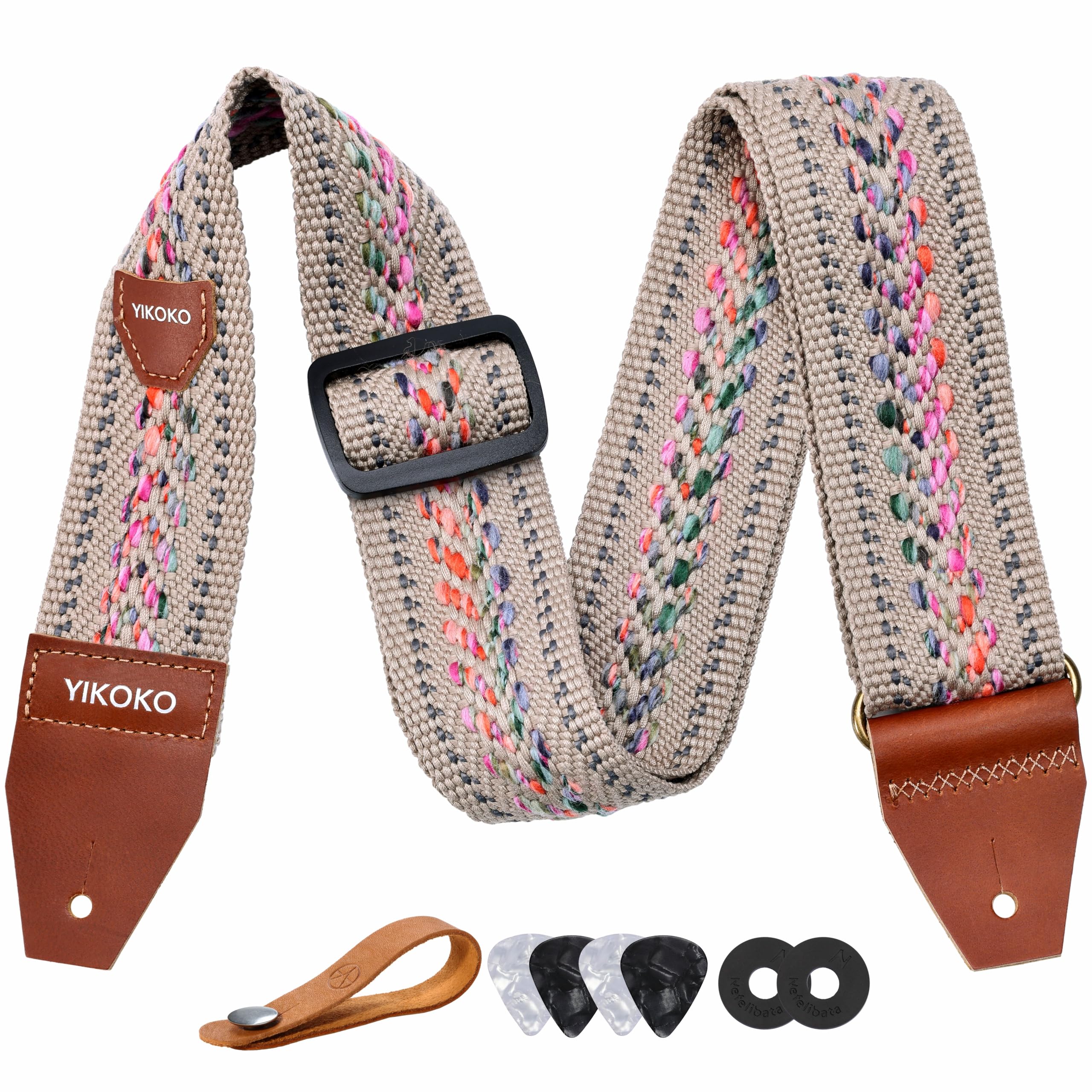YIKOKO Guitar Strap with Pick Pocket,2 inch Cotton Guitar Straps with Full Grain Leather End, for Bass Electric and Acoustic Gui