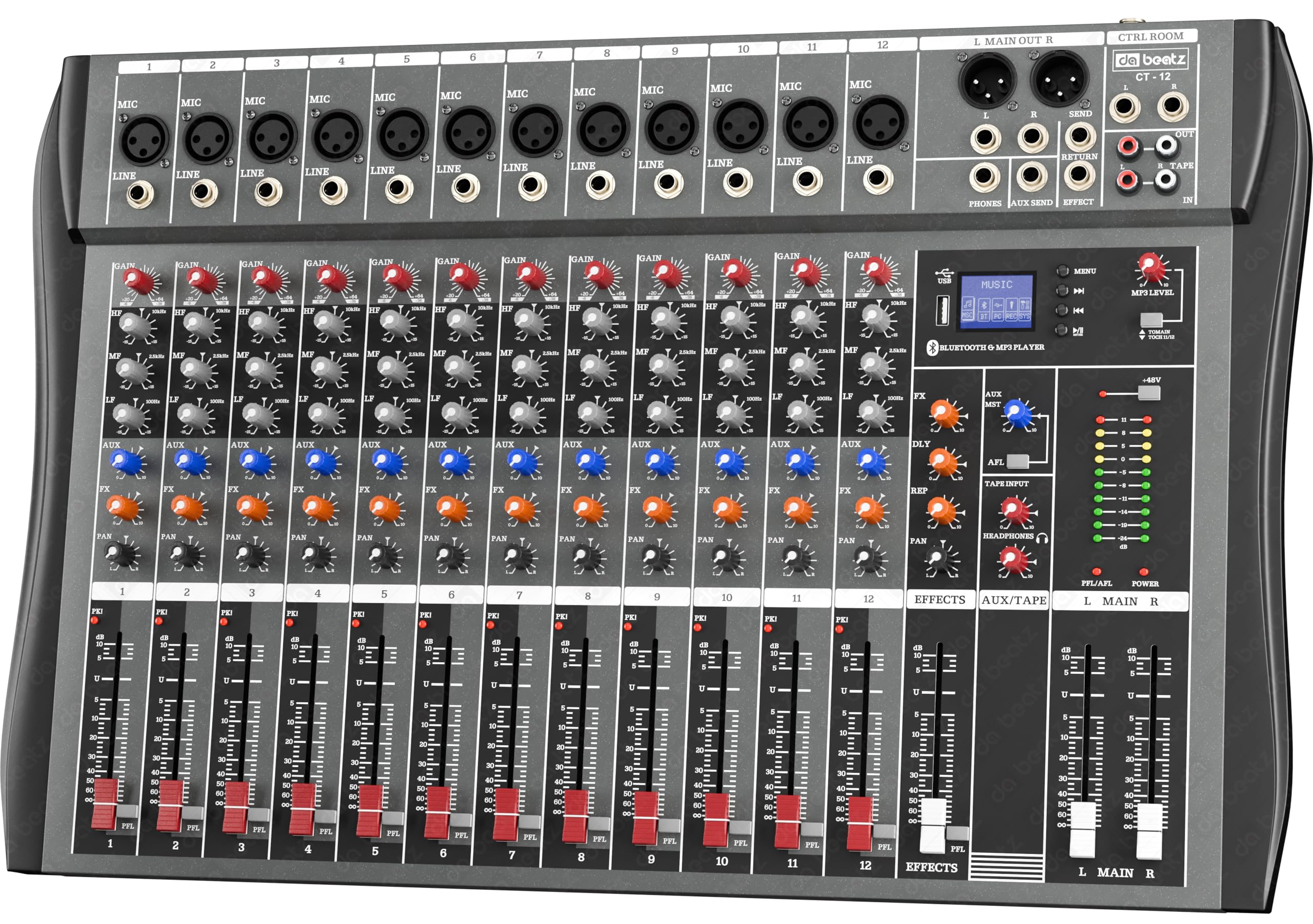 Dabeatz Professional 12 Channel Mixer | XLR + TRS 6.35MM Input Ports | USB MP3 & BT Support |Delay & Repeat FX | Stereo Output |