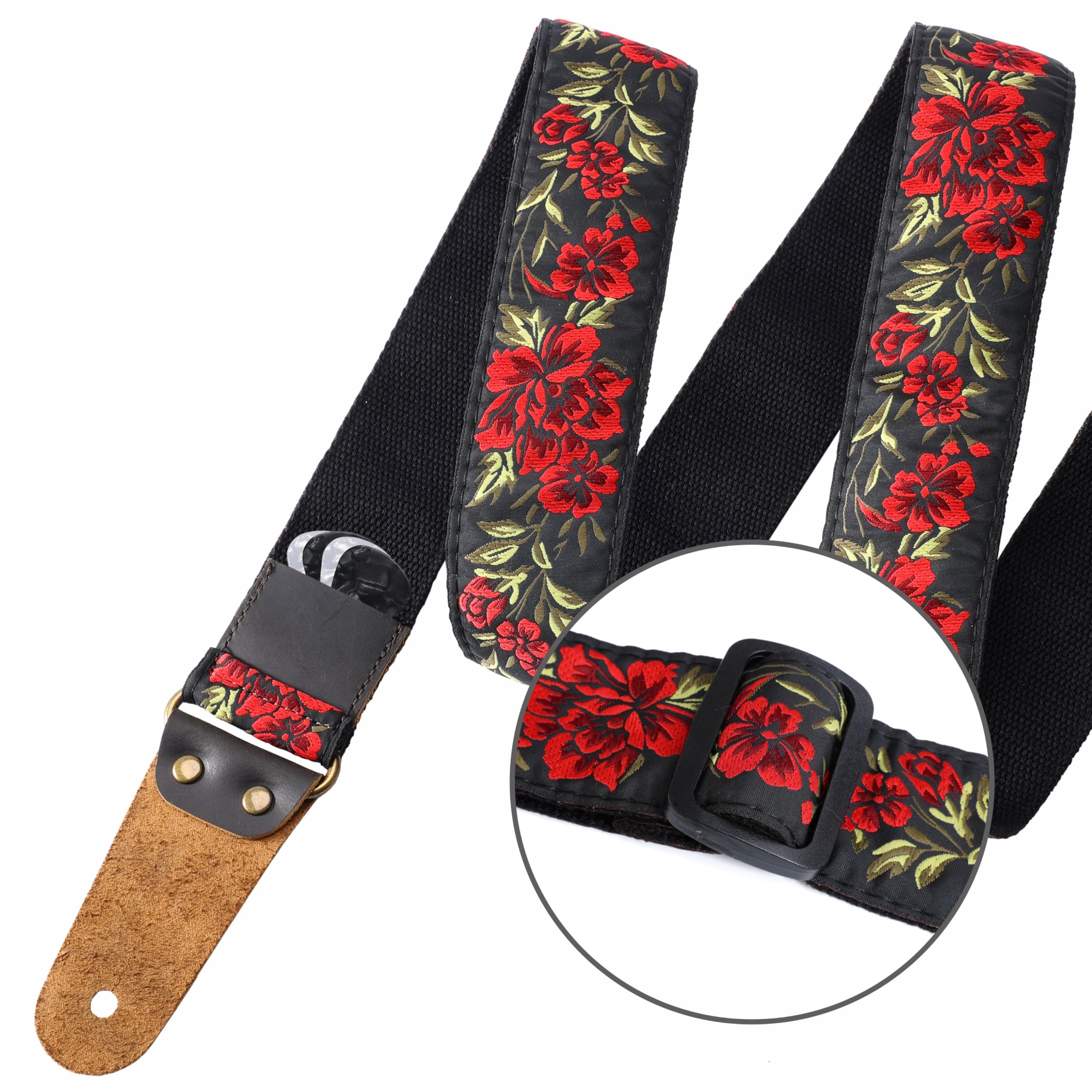 Nefelibata Guitar Strap, 2'' Cotton Embroidery Guitar Straps, Full Grain Leather Ends with Invisible Pocket, for Bass, Electric