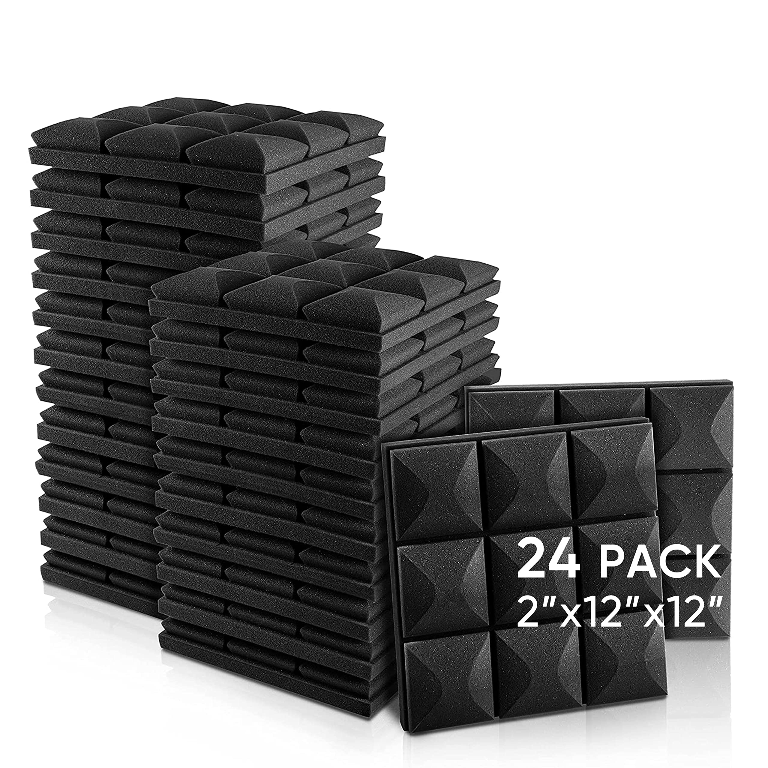 Fstop Labs Acoustic Foam Panels, 24 Pack Black 2'' X 12'' X 12'' Mushroom Studio Wedge Tiles, Sound Panels Sound Proof Foam Pane