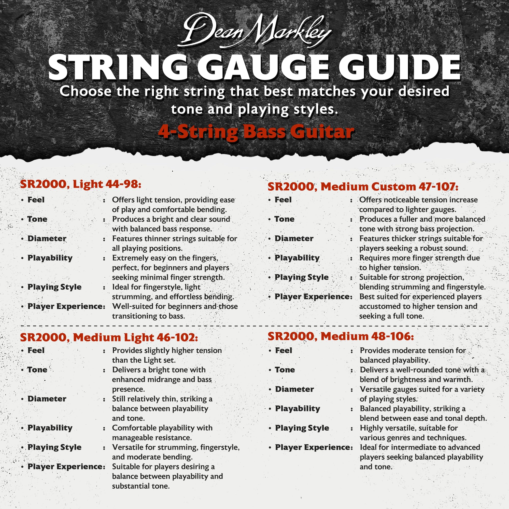 Dean Markley SR2000 Stainless Steel Bass Guitar Strings 4 String Set, 47-107 Medium Custom 4 String Bass Guitar, Silky Smooth Ba