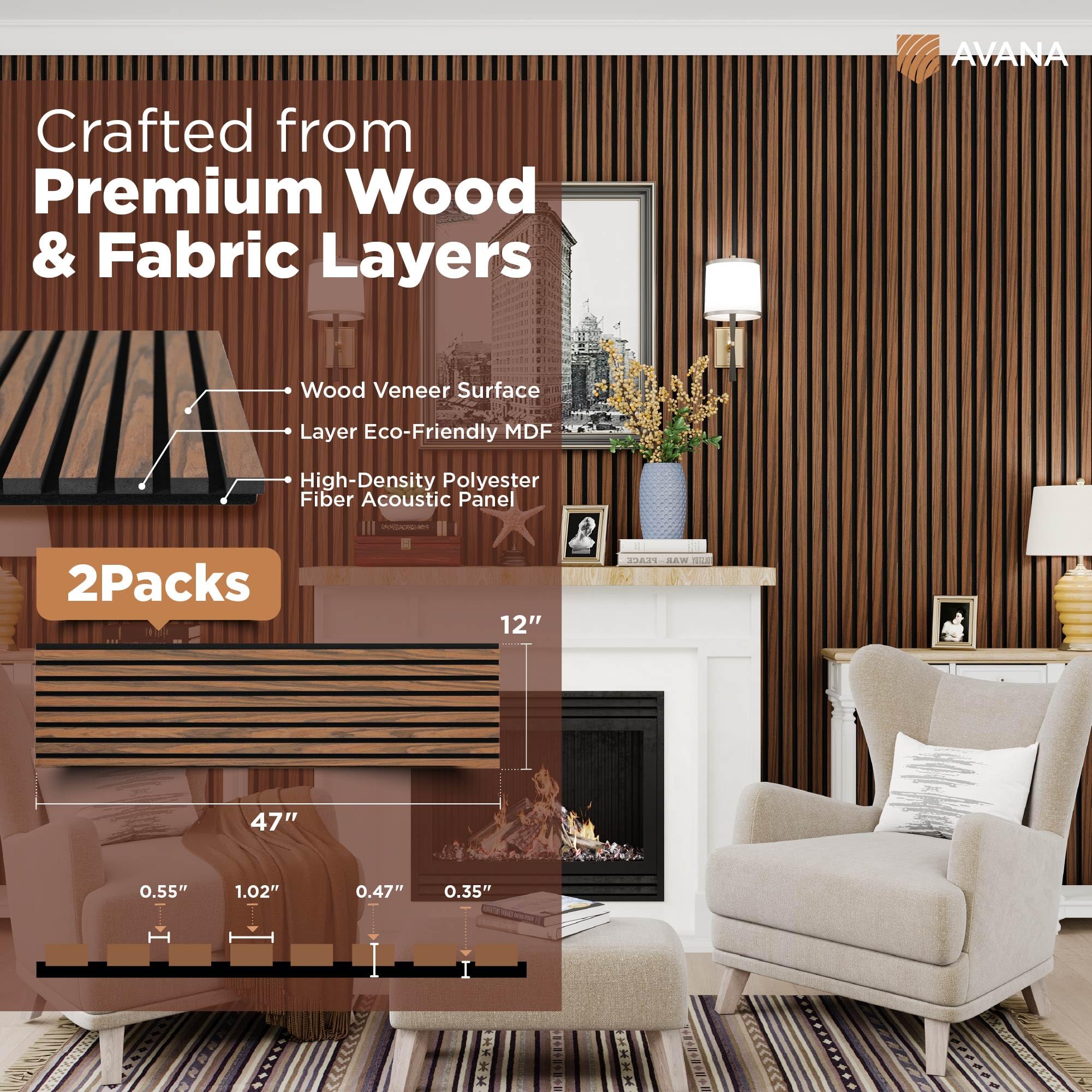 Avana Acoustic Wood Wall Panels - 47.2 x 12.6 Inch Rustic Walnut Acoustic Panels 2 PCs - Wall Panels For Interior Wall Decor For